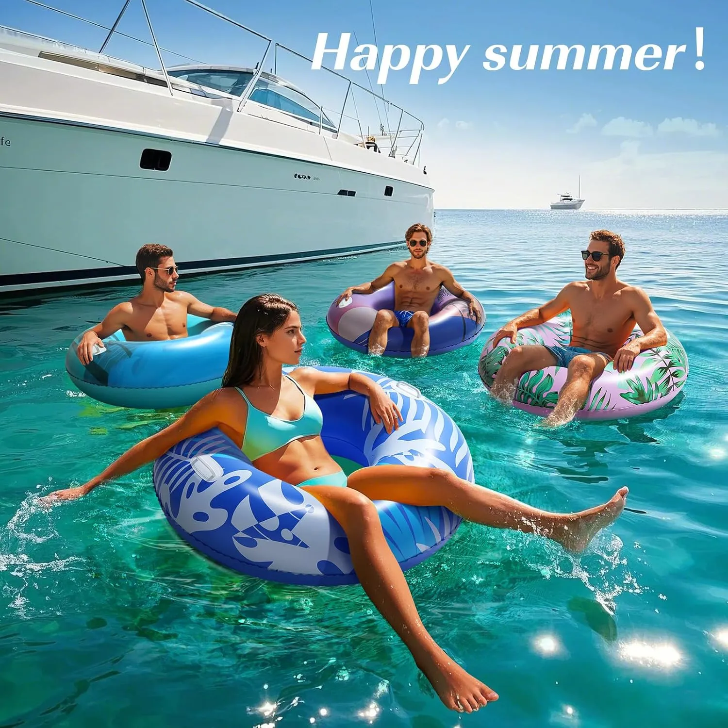HeySplash Pool Tubes for Adult, 42 Inch Large Pool Floats with Handles, Inflatable Swim Rings Lounge, Hawaii Fun Swim Floaties Swimming Pool Beach Lake River Party Decoration Toys, Blue White Leaves