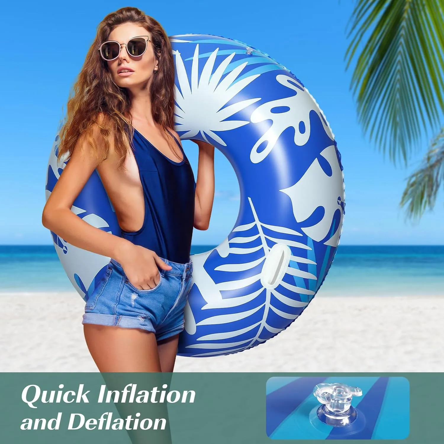 HeySplash Pool Tubes for Adult, 42 Inch Large Pool Floats with Handles, Inflatable Swim Rings Lounge, Hawaii Fun Swim Floaties Swimming Pool Beach Lake River Party Decoration Toys, Blue White Leaves