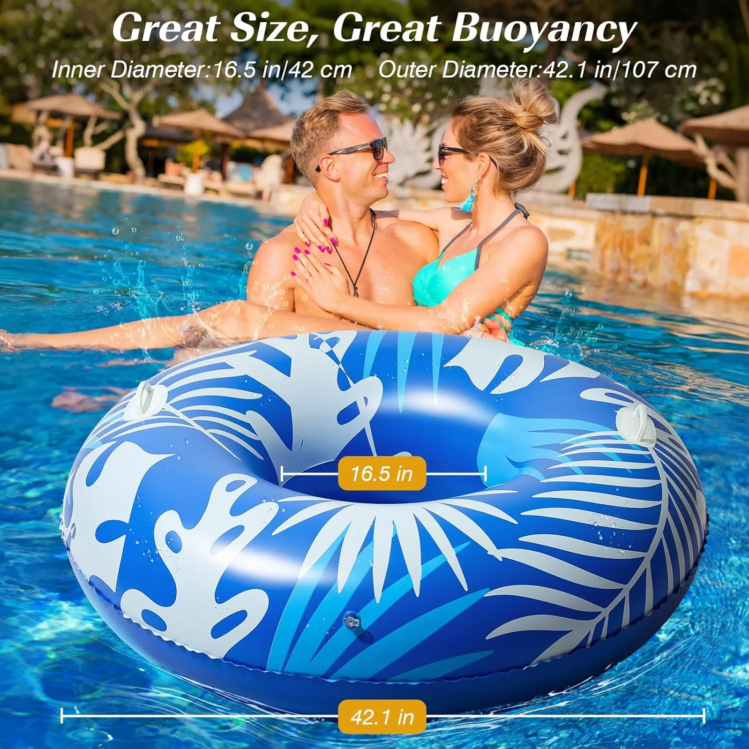 HeySplash Pool Tubes for Adult, 42 Inch Large Pool Floats with Handles, Inflatable Swim Rings Lounge, Hawaii Fun Swim Floaties Swimming Pool Beach Lake River Party Decoration Toys, Blue White Leaves