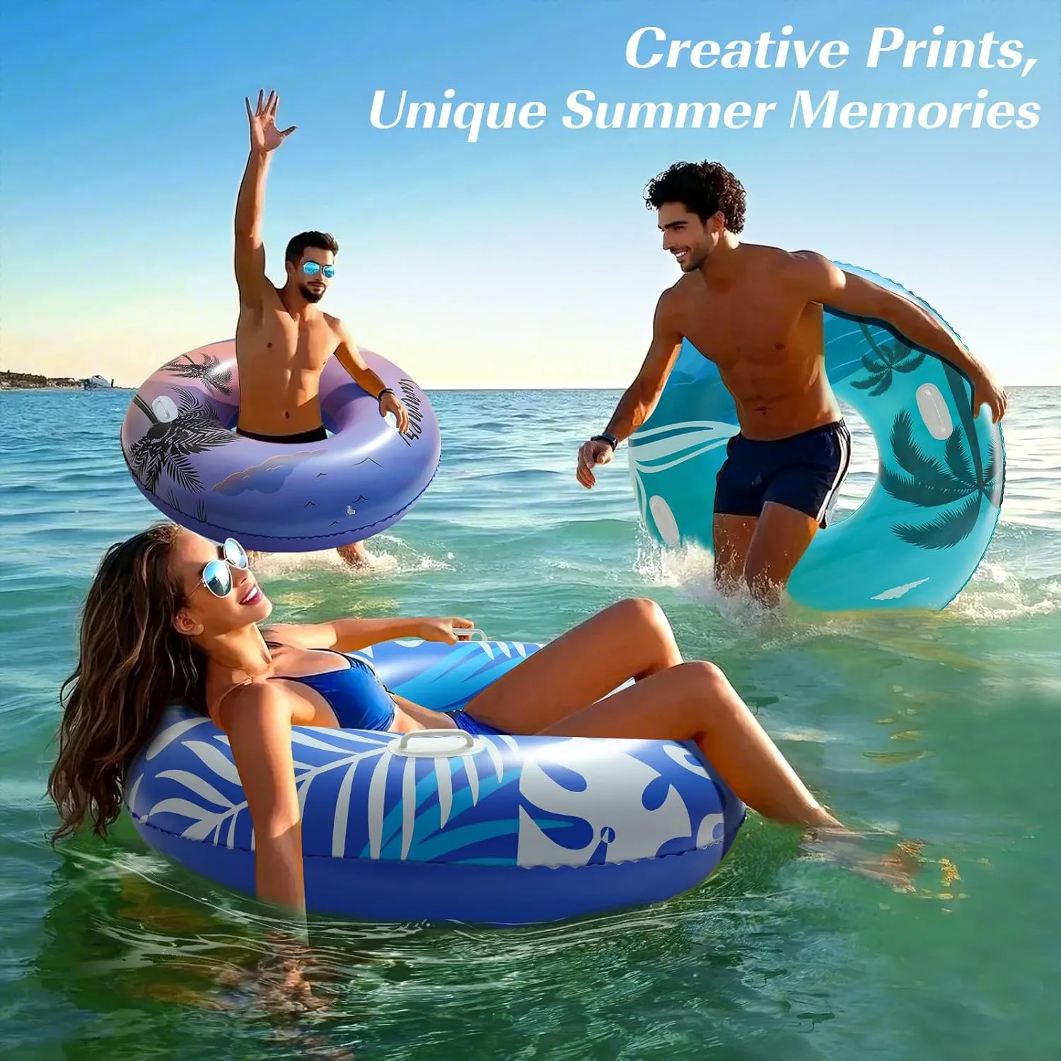 HeySplash Pool Tubes for Adult, 42 Inch Large Pool Floats with Handles, Inflatable Swim Rings Lounge, Hawaii Fun Swim Floaties Swimming Pool Beach Lake River Party Decoration Toys, Blue White Leaves