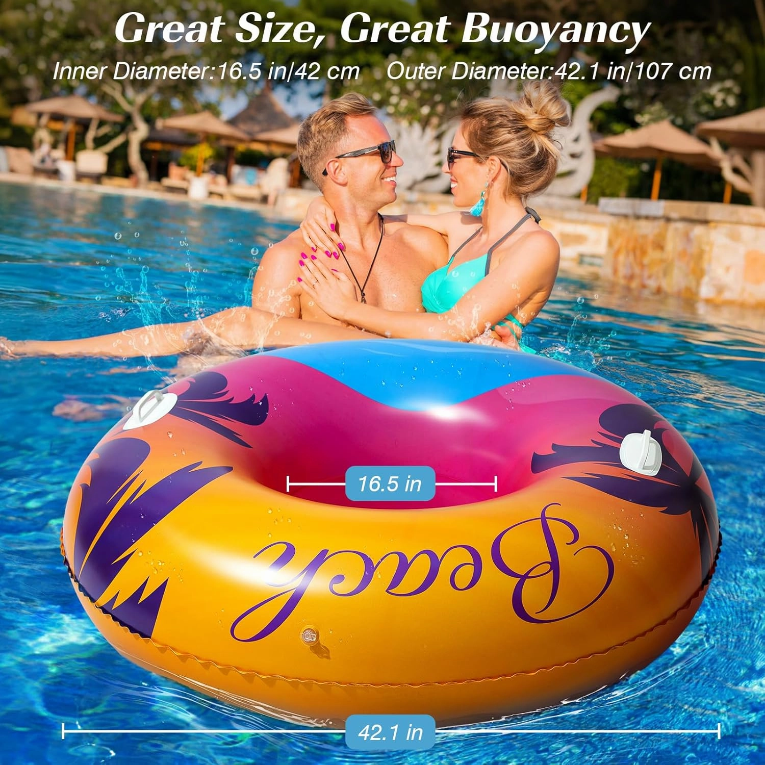 HeySplash Pool Tubes for Adult, 42 Inch Large Pool Floats with Handles, Inflatable Swim Rings Lounge, Hawaii Fun Swim Floaties Swimming Pool Beach Lake River Party Decoration Toys, Orange Purple Beach