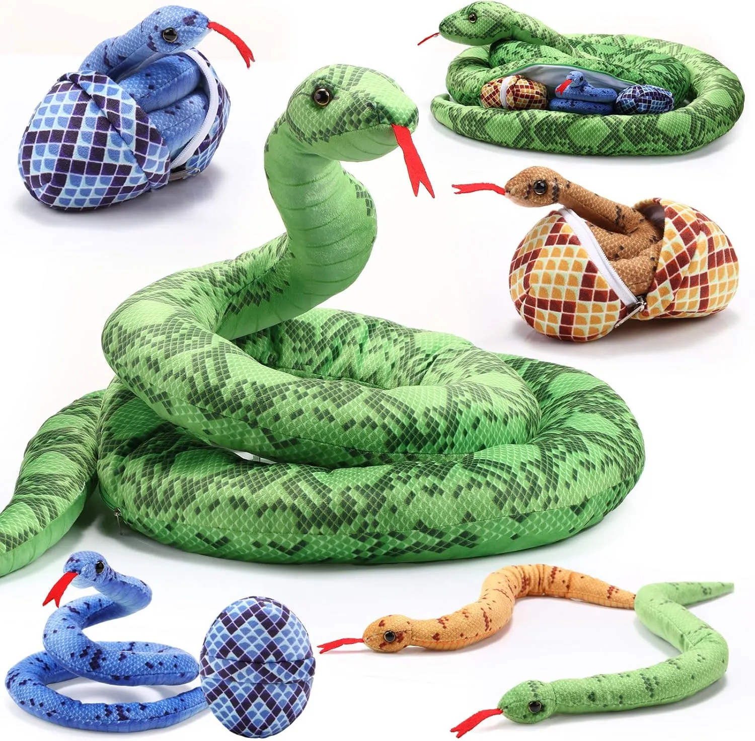 Hiboom 118 Inch Giant Snake Stuffed Animal Mommy with Baby and Eggs 7 in 1 Realistic Snake Stuffed Plush Toy Set Long Green Boa Constrictor for Halloween Christmas Birthday Prank Decors Photo Props