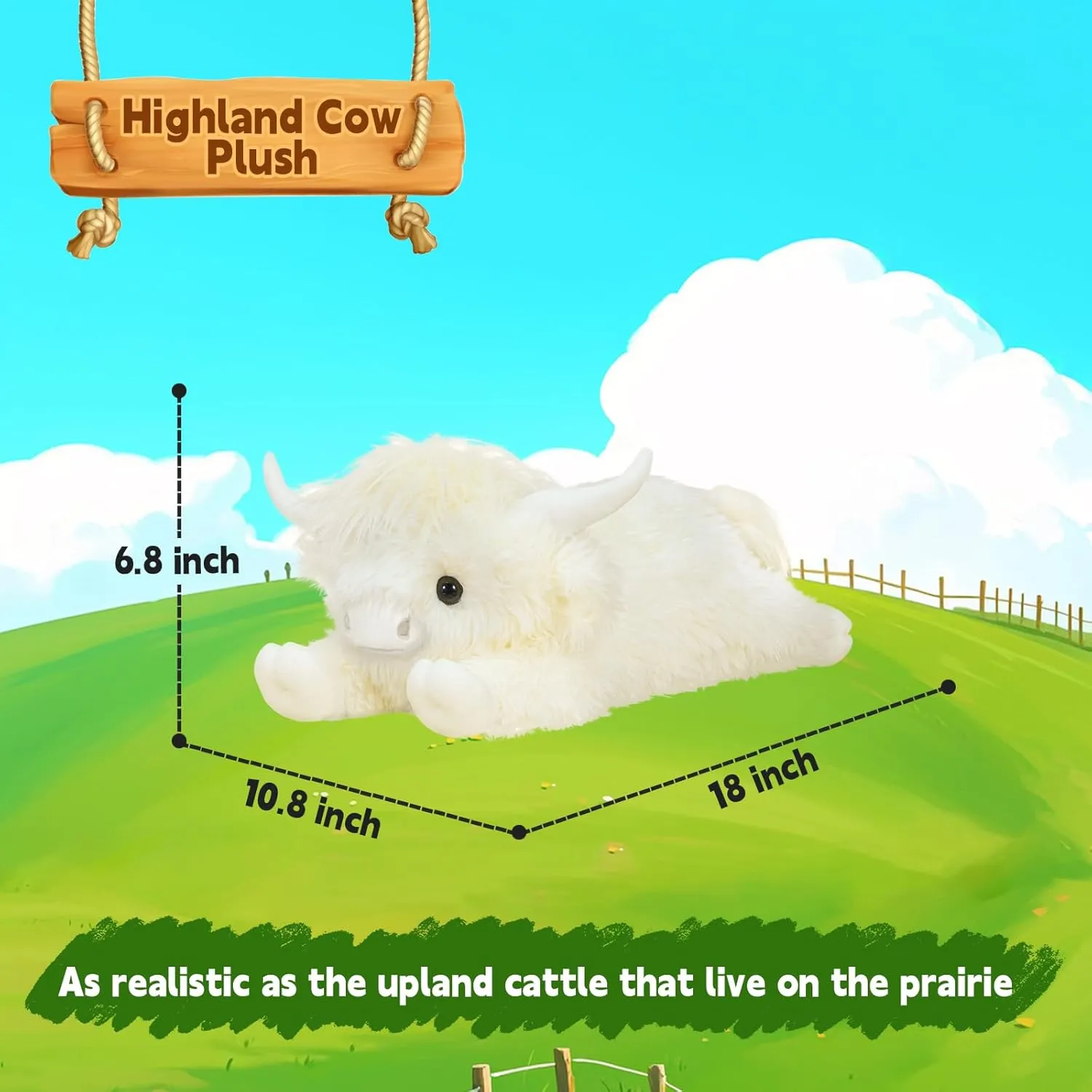 Highland Cow Stuffed Animal - 18" Off-White Cows Plush Toy Gift for Kids & Adults, Cattle Decorations Pillows Living Room Bedroom