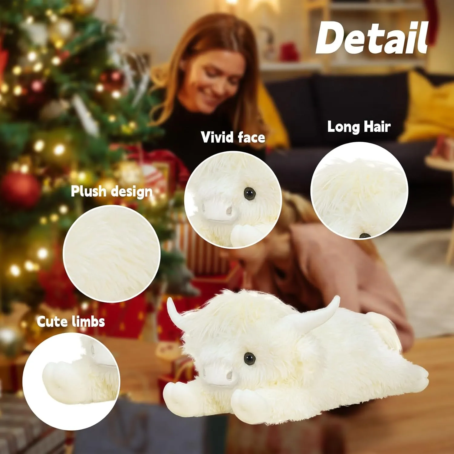 Highland Cow Stuffed Animal - 18" Off-White Cows Plush Toy Gift for Kids & Adults, Cattle Decorations Pillows Living Room Bedroom