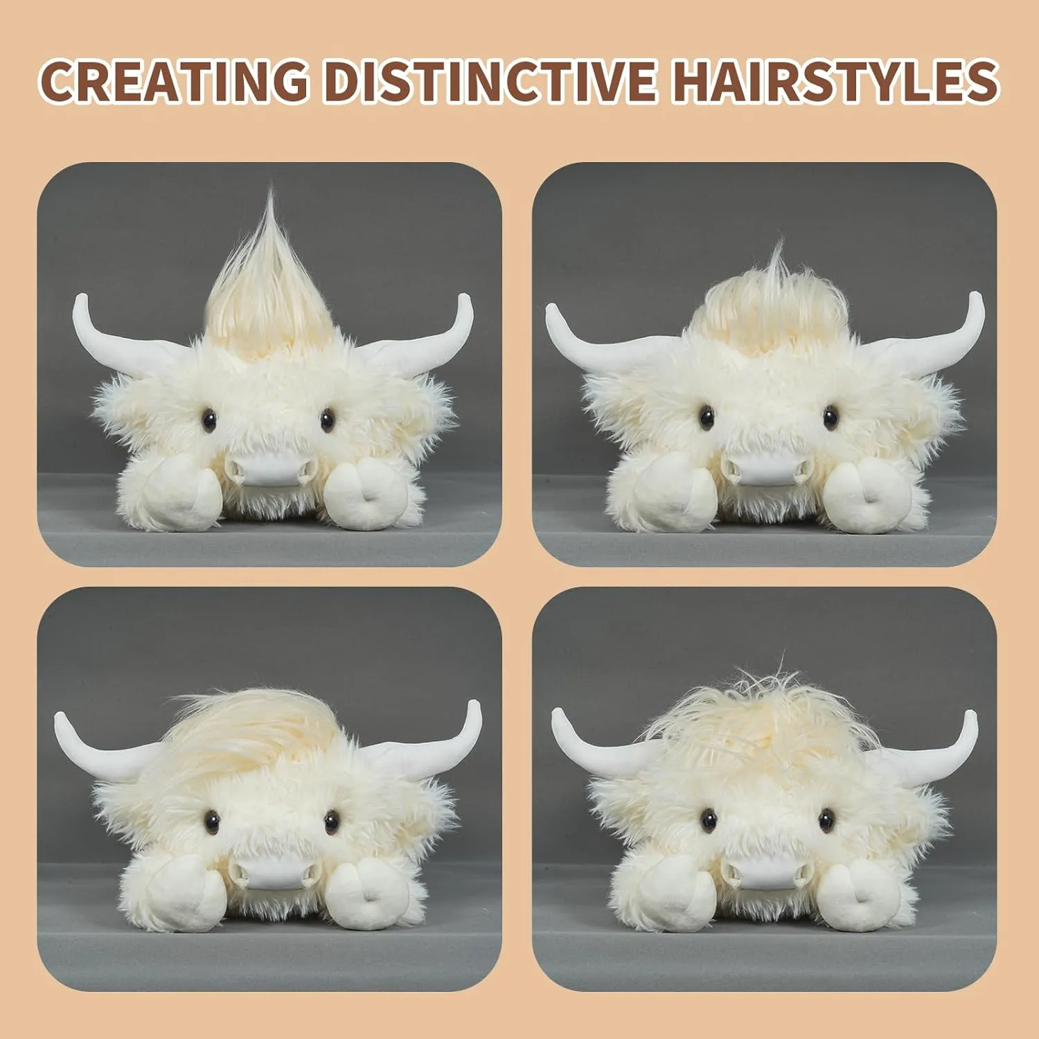 Highland Cow Stuffed Animal - 18" Off-White Cows Plush Toy Gift for Kids & Adults, Cattle Decorations Pillows Living Room Bedroom