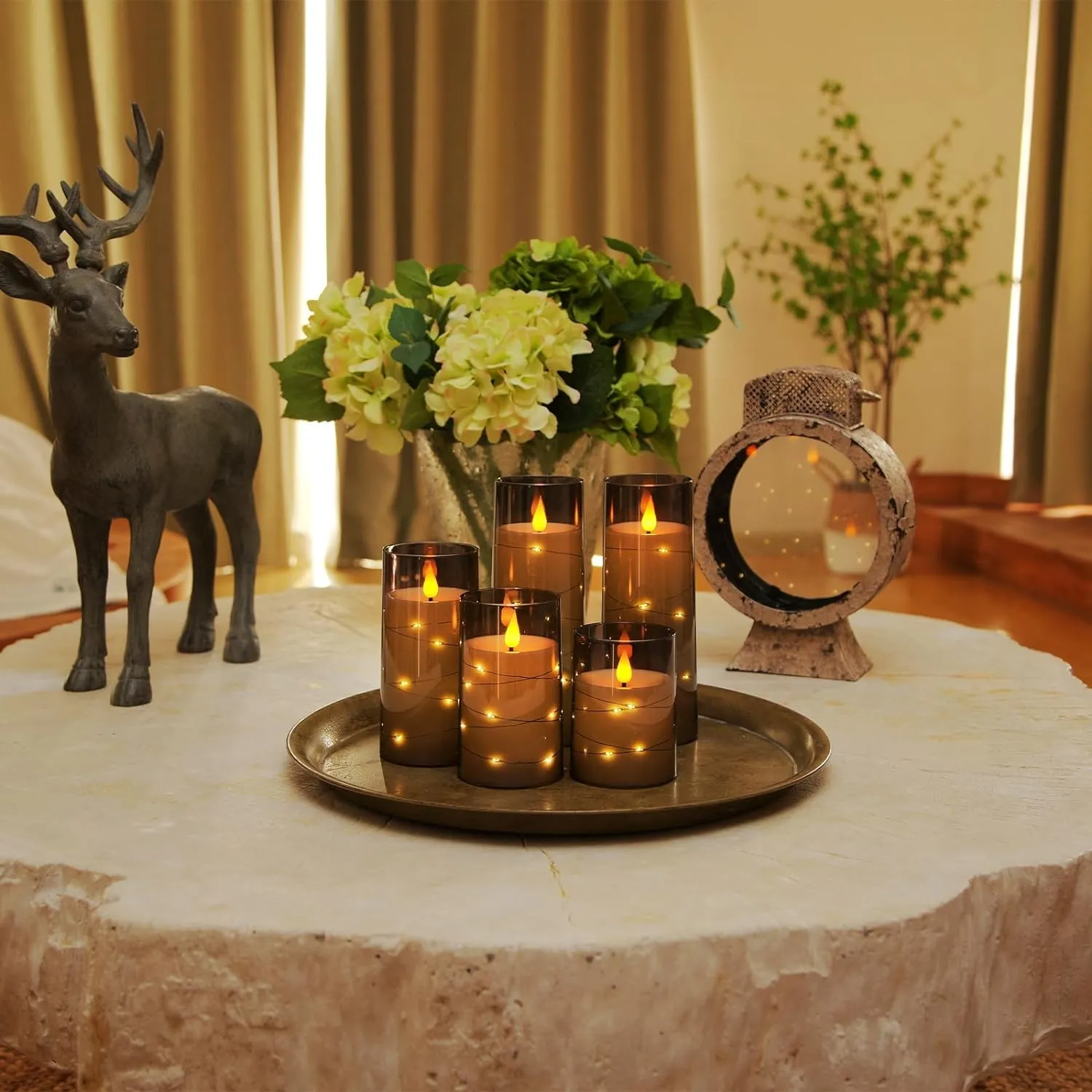 Homemory Flameless Candles with Embedded Star String Fairy Lights, Battery Operated Candles, LED Candle, Fake Candles with Remote Control and Timer, Gray Acrylic, Set of 5(H4 5" 6" 8" 8")