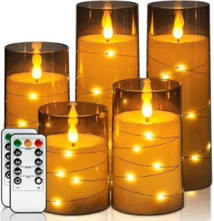 Homemory Flameless Candles with Embedded Star String Fairy Lights, Battery Operated Candles, LED Candle, Fake Candles with Remote Control and Timer, Gray Acrylic, Set of 5(H4 5" 6" 8" 8")