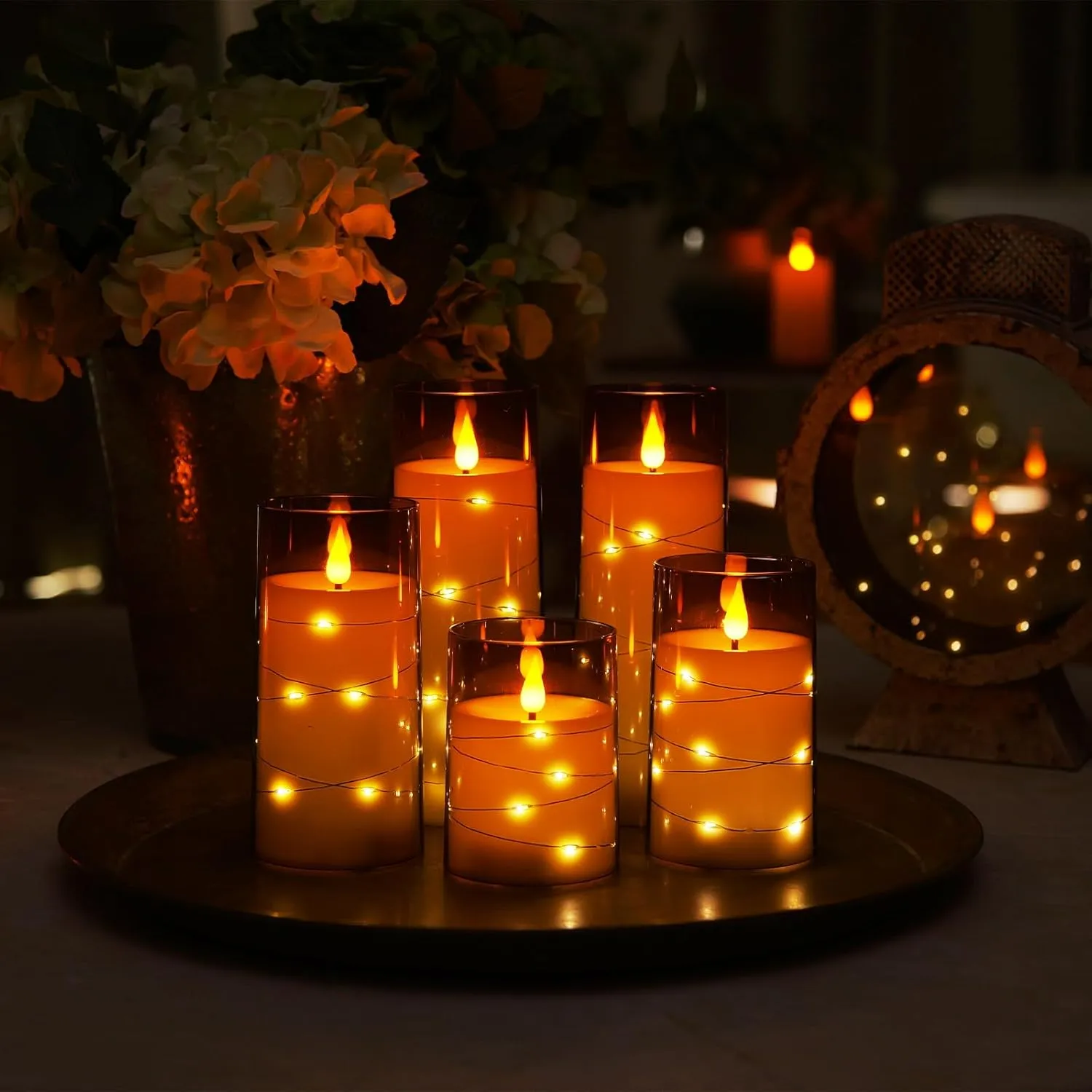 Homemory Flameless Candles with Embedded Star String Fairy Lights, Battery Operated Candles, LED Candle, Fake Candles with Remote Control and Timer, Gray Acrylic, Set of 5(H4 5" 6" 8" 8")
