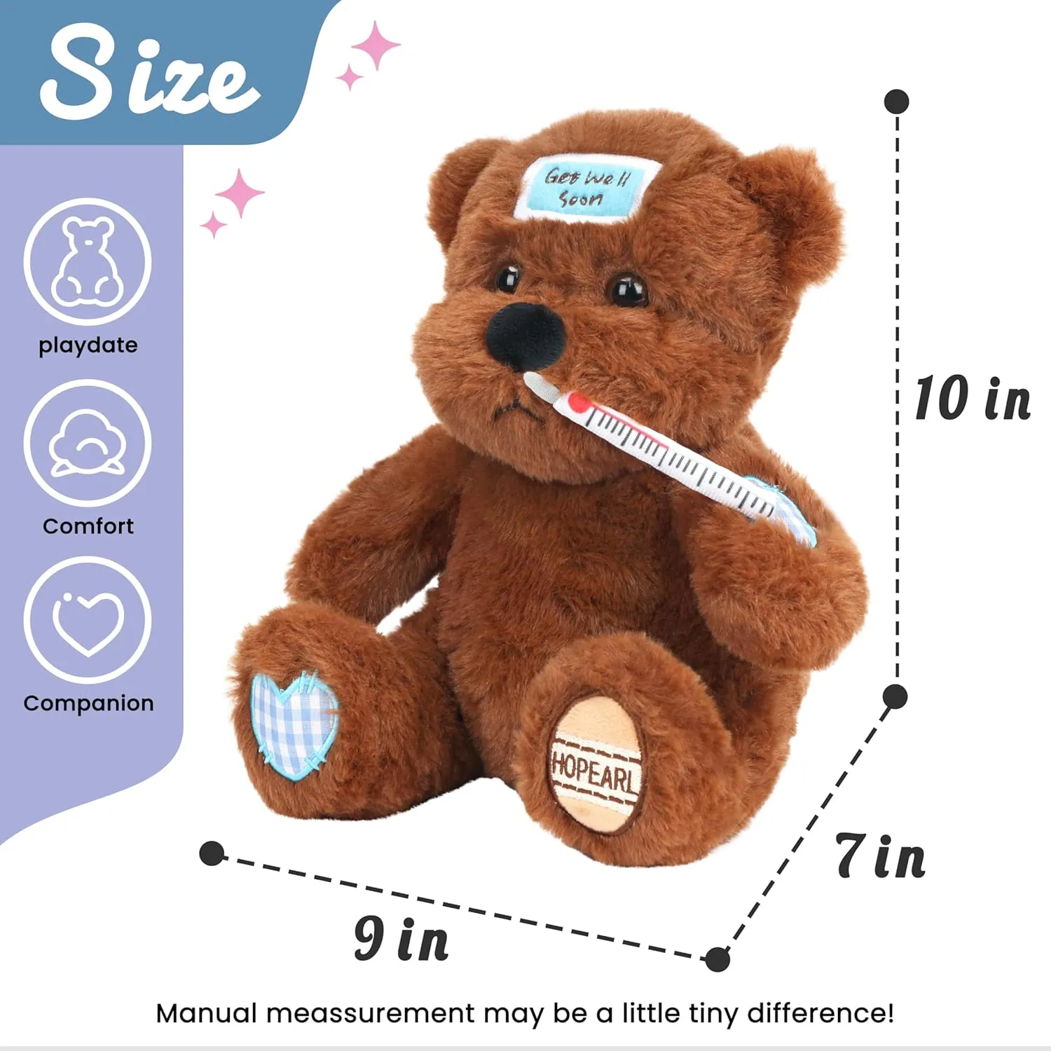 Hopearl Sicky Bear Toy Get Well Soft Stuffed Animal Fever Bear Cute Comforting Companion Gift for Boys Girls Kids Toddlers, Brown, 10''