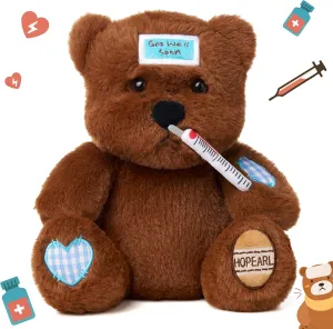 Hopearl Sicky Bear Toy Get Well Soft Stuffed Animal Fever Bear Cute Comforting Companion Gift for Boys Girls Kids Toddlers, Brown, 10''
