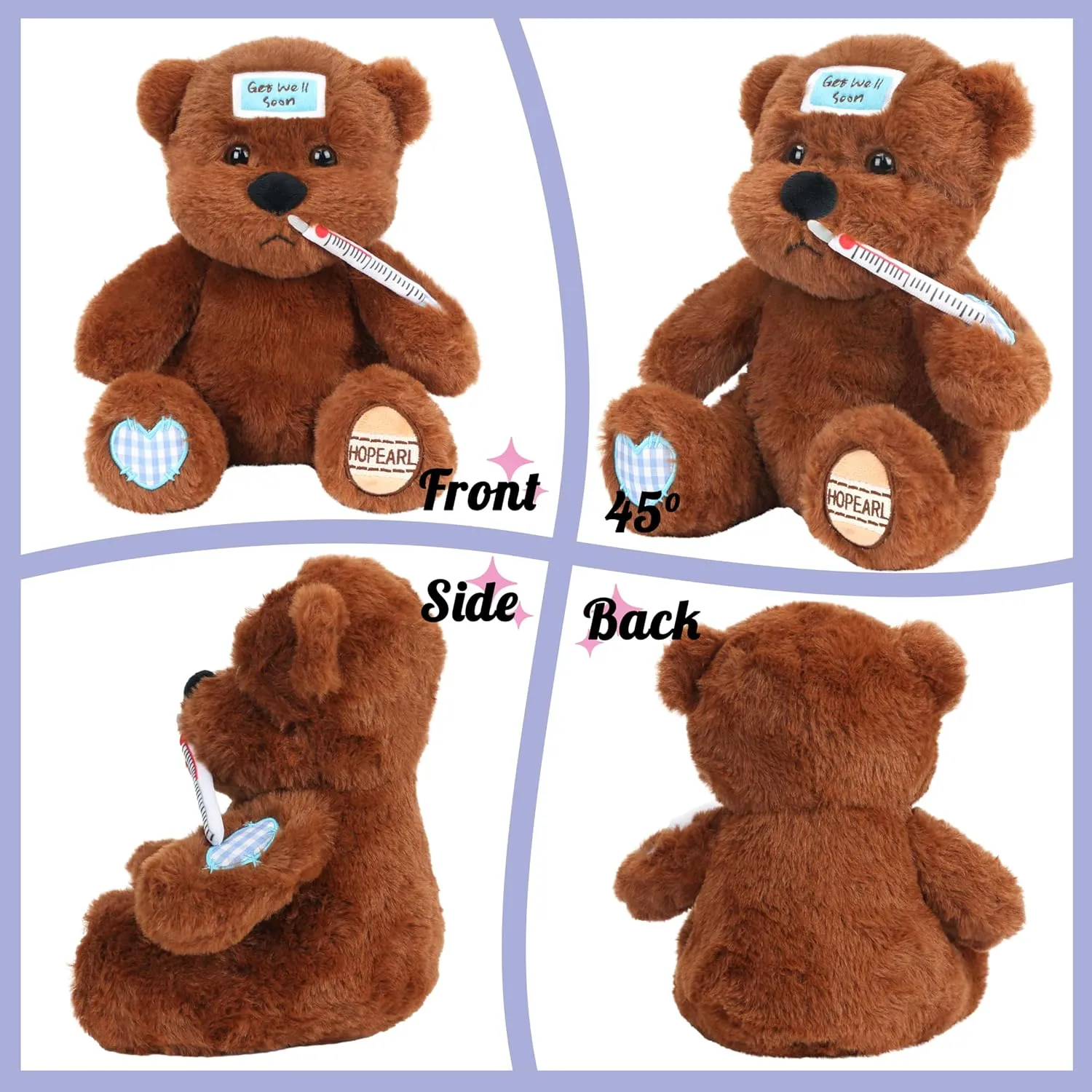 Hopearl Sicky Bear Toy Get Well Soft Stuffed Animal Fever Bear Cute Comforting Companion Gift for Boys Girls Kids Toddlers, Brown, 10''