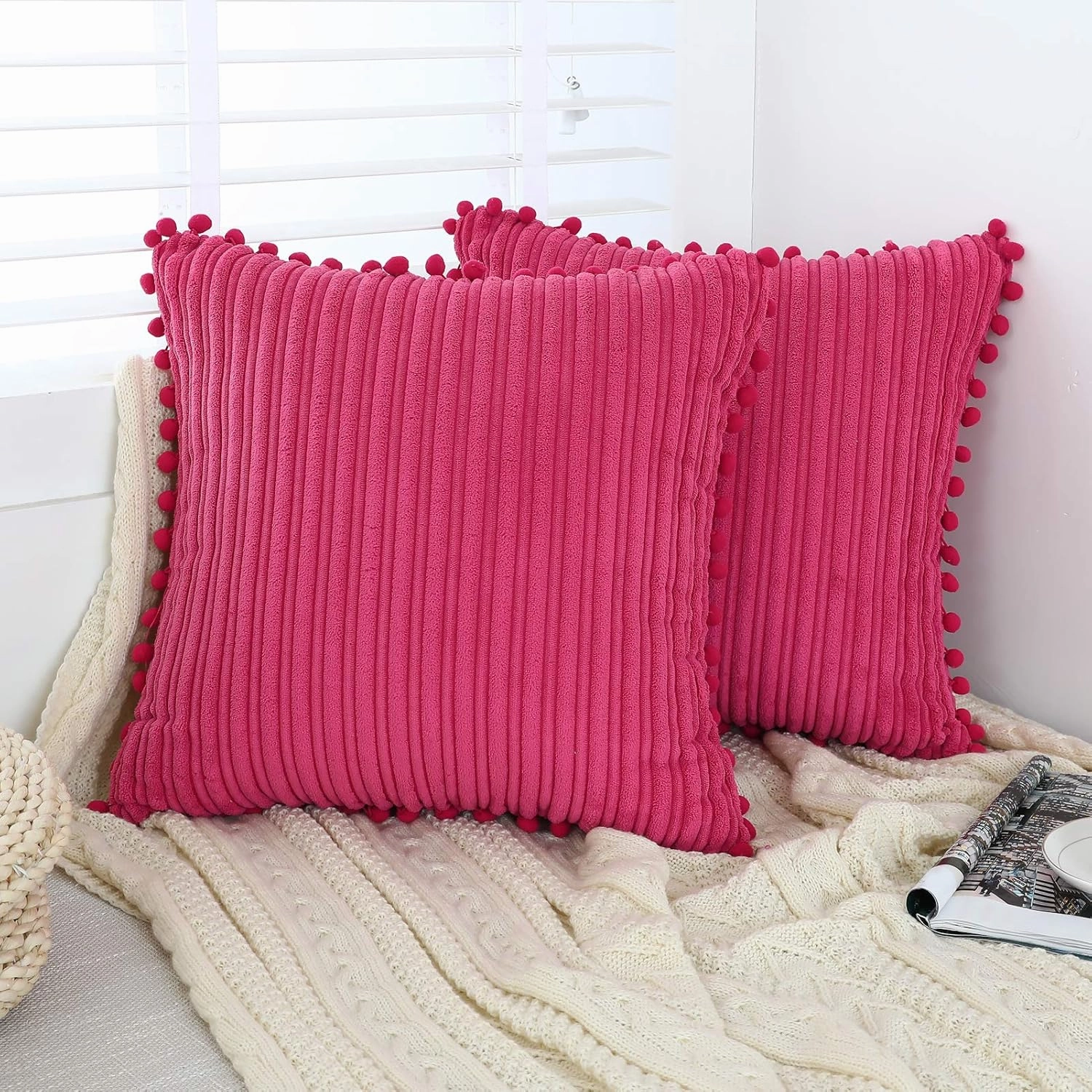 Hot Pink Pillow Covers 20x20 inch with Pom-poms Set of 2 Corduroy Farmhouse Boho Accent Decorative Throw Pillow Covers for Couch Bed Sofa