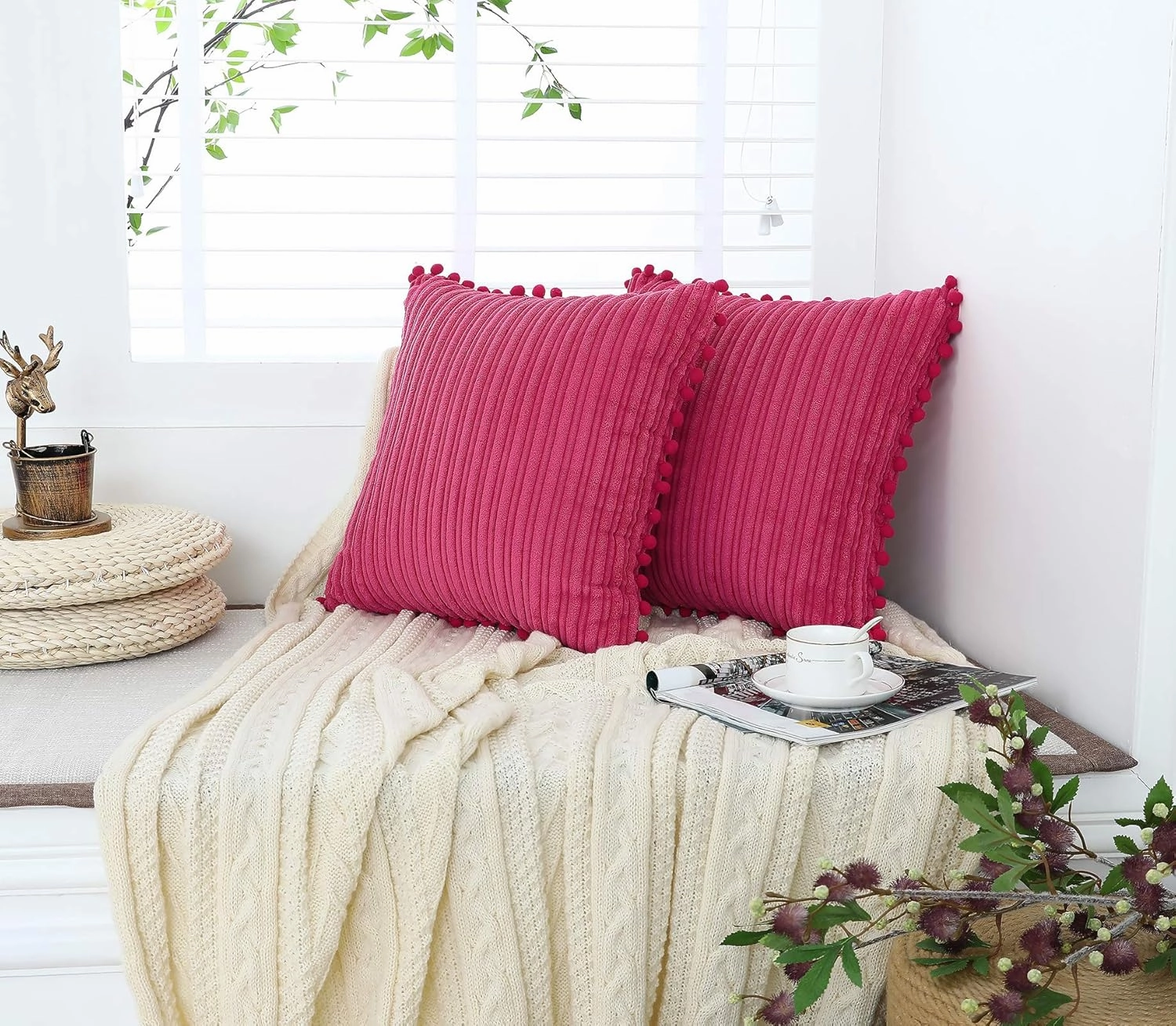 Hot Pink Pillow Covers 20x20 inch with Pom-poms Set of 2 Corduroy Farmhouse Boho Accent Decorative Throw Pillow Covers for Couch Bed Sofa