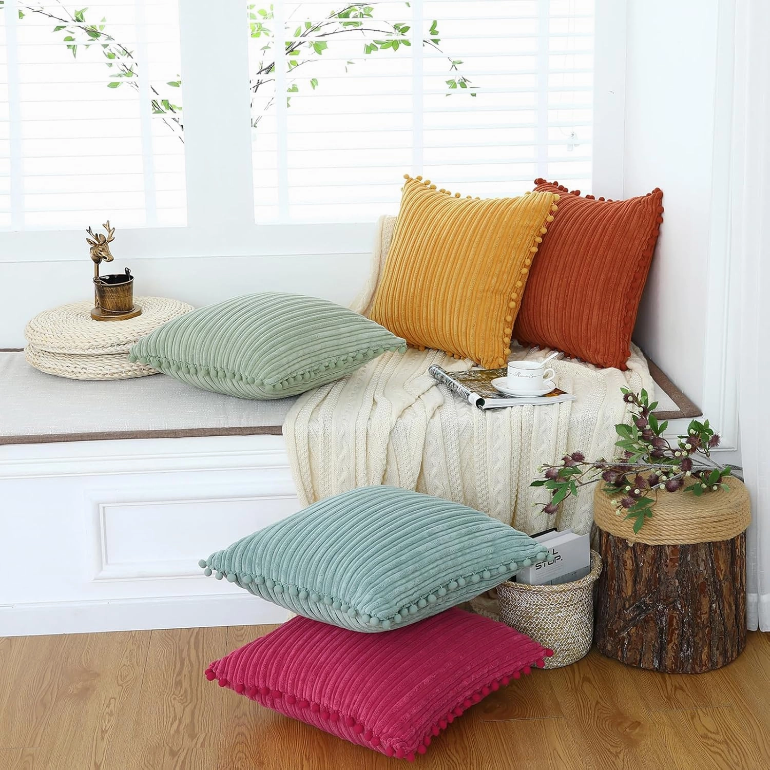 Hot Pink Pillow Covers 20x20 inch with Pom-poms Set of 2 Corduroy Farmhouse Boho Accent Decorative Throw Pillow Covers for Couch Bed Sofa