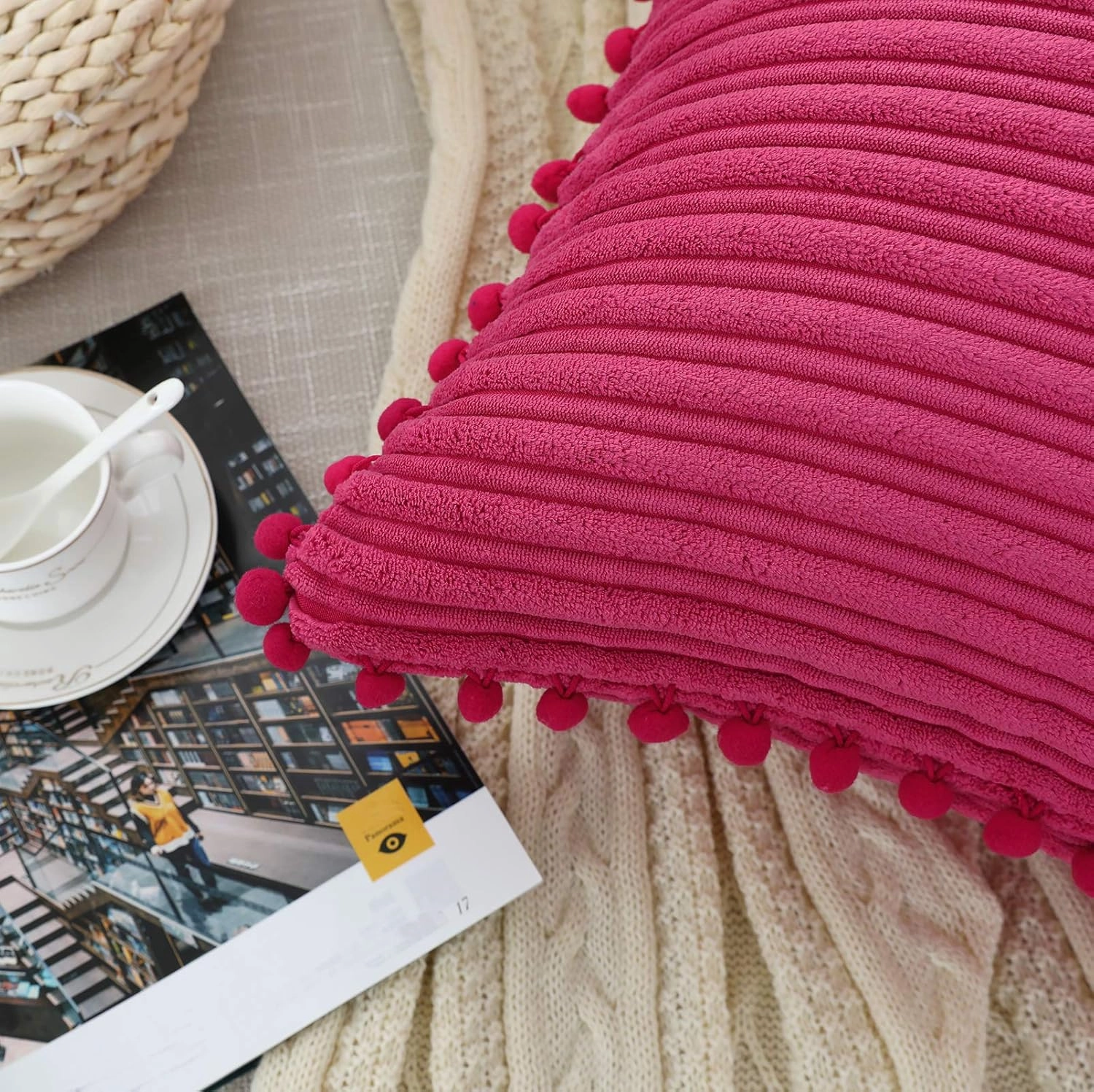 Hot Pink Pillow Covers 20x20 inch with Pom-poms Set of 2 Corduroy Farmhouse Boho Accent Decorative Throw Pillow Covers for Couch Bed Sofa