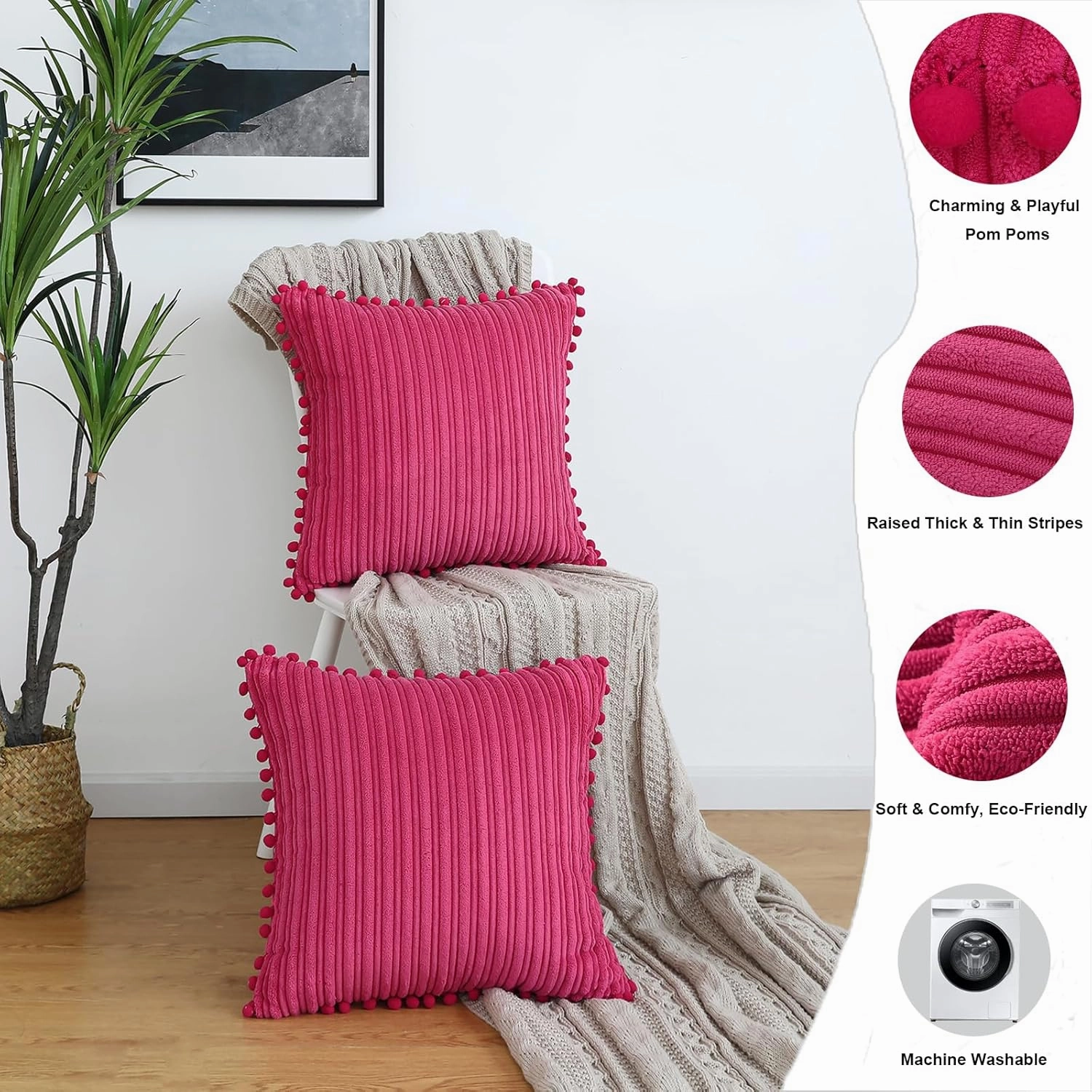 Hot Pink Pillow Covers 20x20 inch with Pom-poms Set of 2 Corduroy Farmhouse Boho Accent Decorative Throw Pillow Covers for Couch Bed Sofa