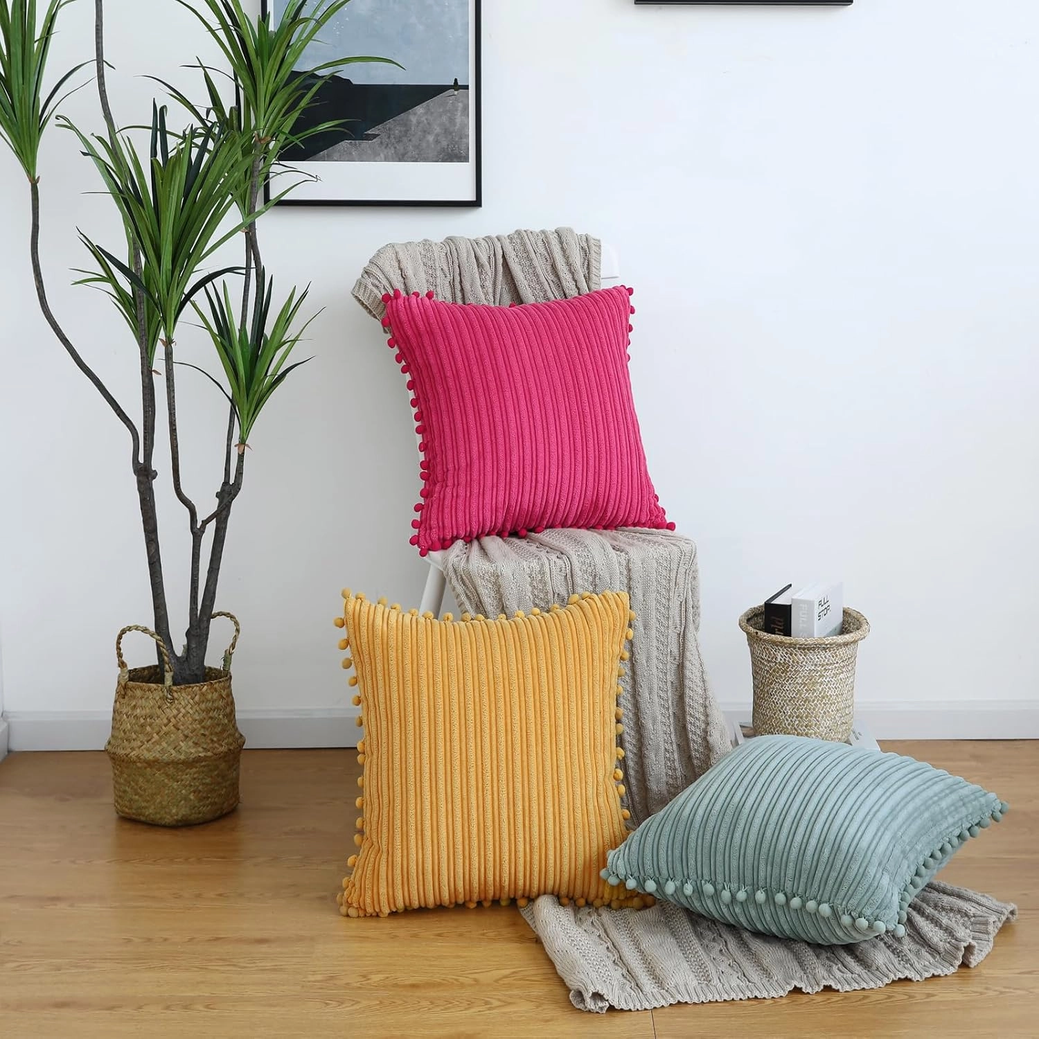 Hot Pink Pillow Covers 20x20 inch with Pom-poms Set of 2 Corduroy Farmhouse Boho Accent Decorative Throw Pillow Covers for Couch Bed Sofa