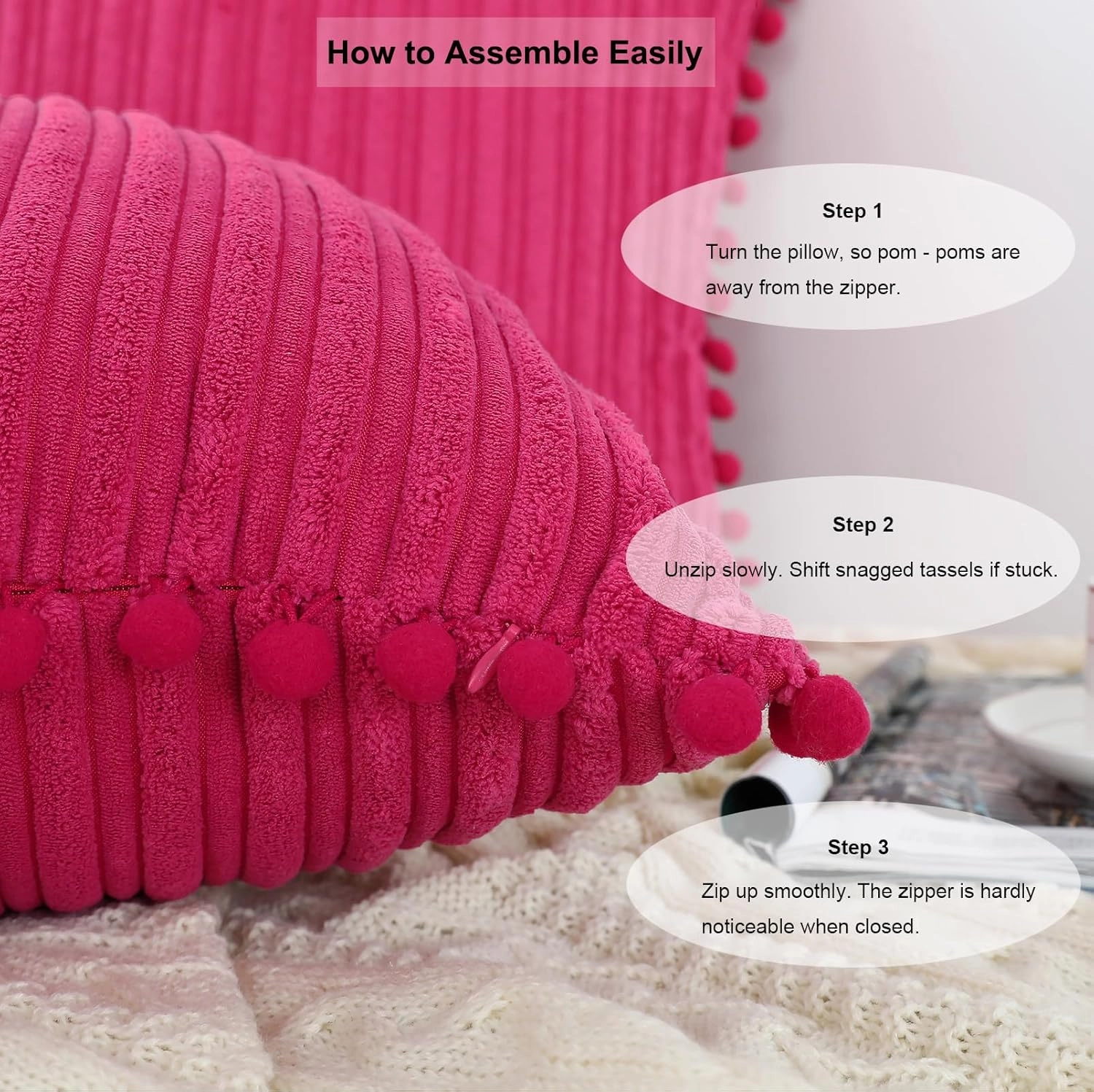 Hot Pink Pillow Covers 20x20 inch with Pom-poms Set of 2 Corduroy Farmhouse Boho Accent Decorative Throw Pillow Covers for Couch Bed Sofa