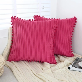 Hot Pink Pillow Covers 20x20 inch with Pom-poms Set of 2 Corduroy Farmhouse Boho Accent Decorative Throw Pillow Covers for Couch Bed Sofa