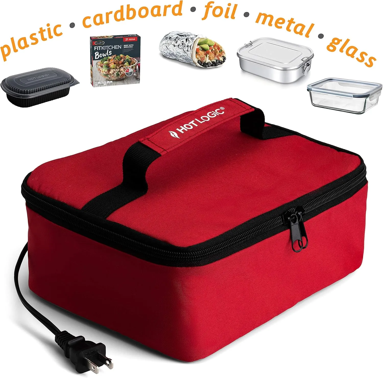 HOTLOGIC Mini Portable Electric Lunch Box Food Heater with Glass Container - Food Warmer and Heated Lunch Box for Adults Car/Home - Cook, Reheat, and Keep Your Food Warm - RED - 120V