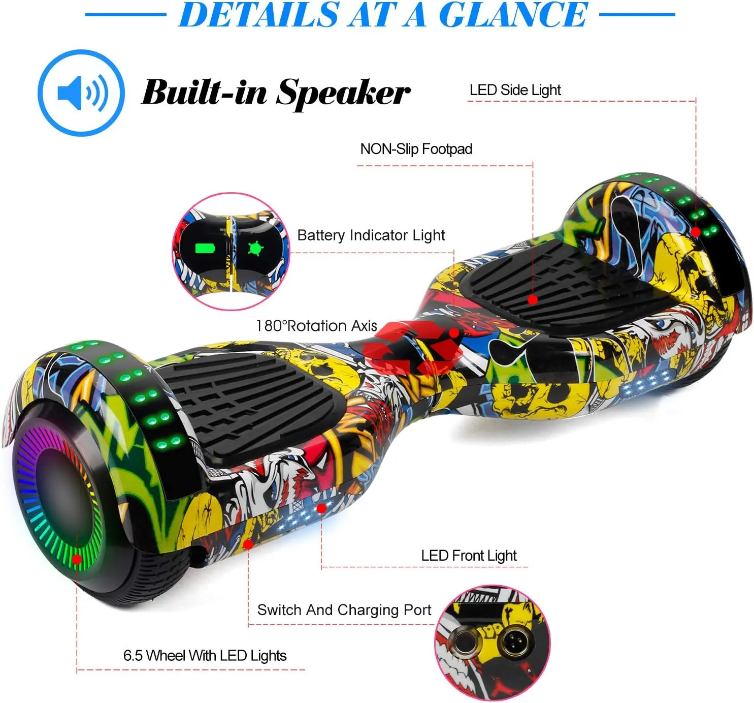 Hoverboard, 6.5 Inch Self Balancing Hoverboards with Bluetooth and Flashing LED Lights, Hover Board for Kids Teenagers