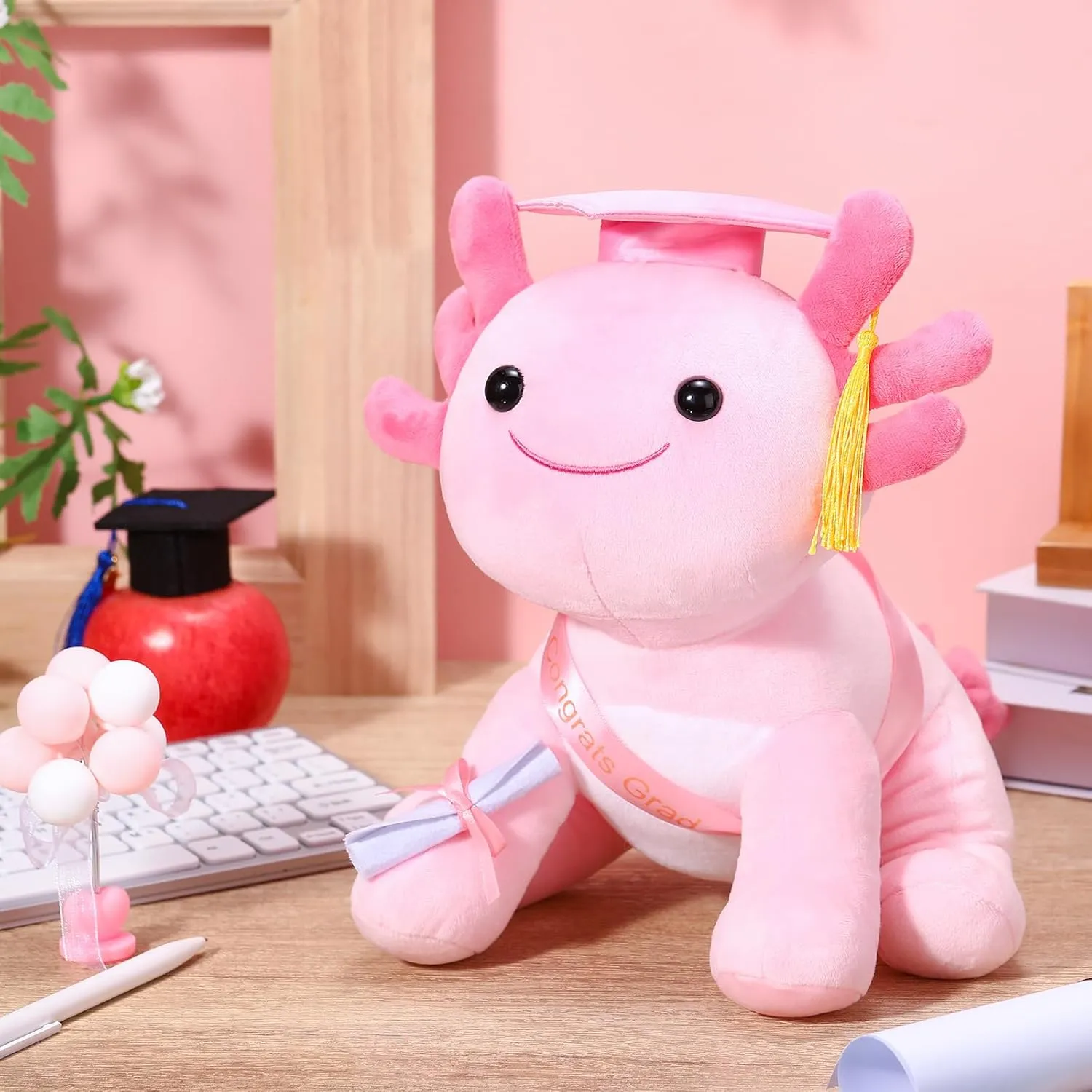 HyDren 10 Inch Graduation Axolotl Plush Stuffed Animal Axolotl Stuffed Animals with Graduation Hat Diploma and Sash, Plush Gift for Preschool, Kindergarten, Friend, Relatives(New Pink)