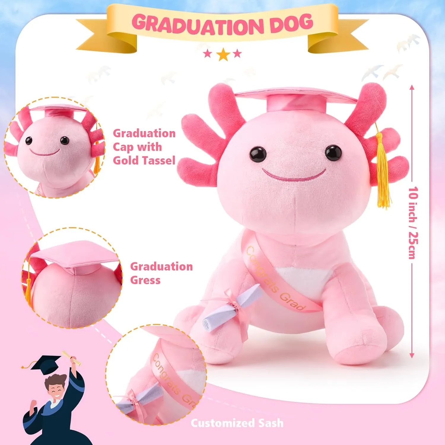HyDren 10 Inch Graduation Axolotl Plush Stuffed Animal Axolotl Stuffed Animals with Graduation Hat Diploma and Sash, Plush Gift for Preschool, Kindergarten, Friend, Relatives(New Pink)