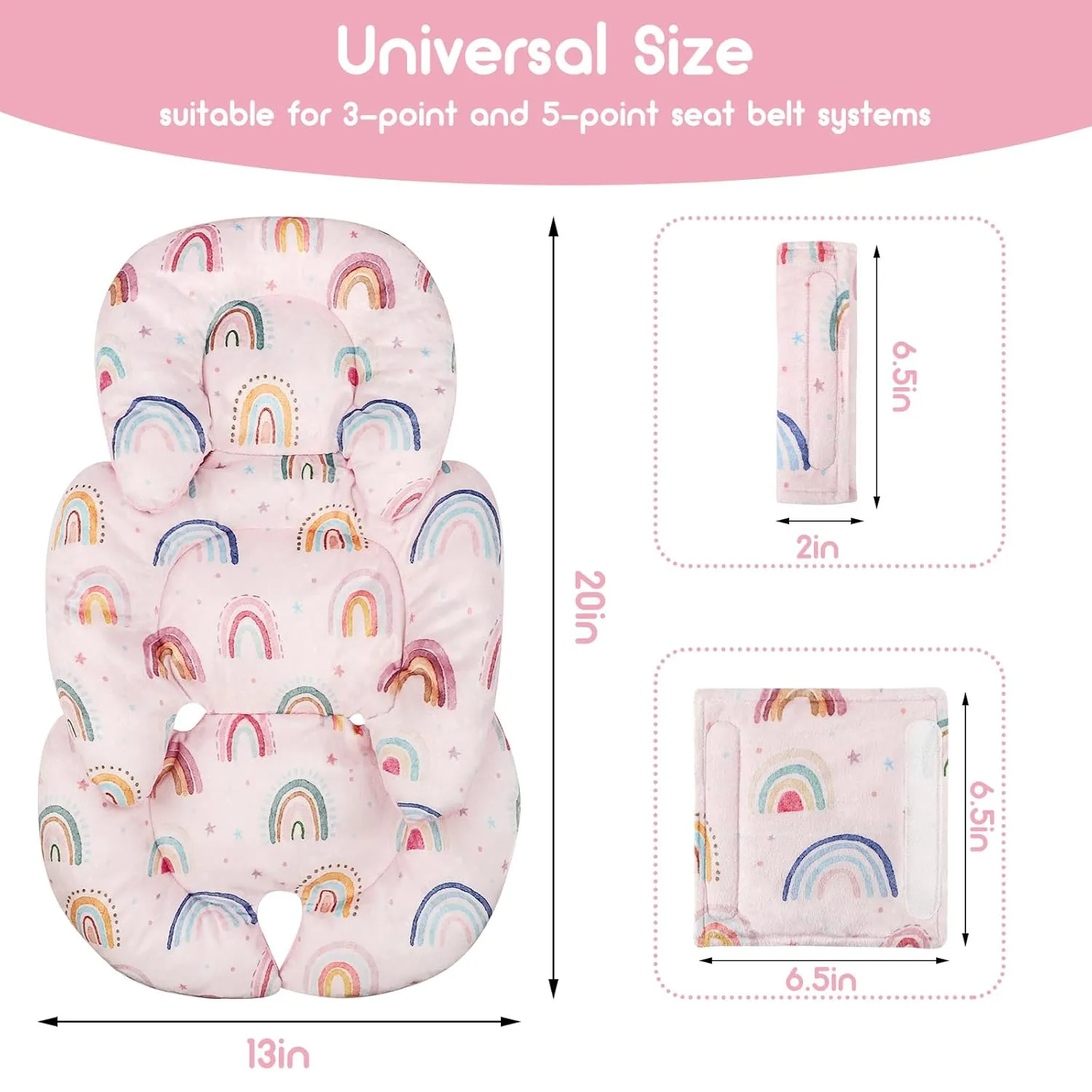 Infant Car Seat Insert Cushion, Super Soft Baby Car Seat Head Support & 2 Straps Pads, Reversible Preemie Newborn Carseat Insert, Fit Car Seat, Stroller, Infant Bouncer, Pink Rainbow