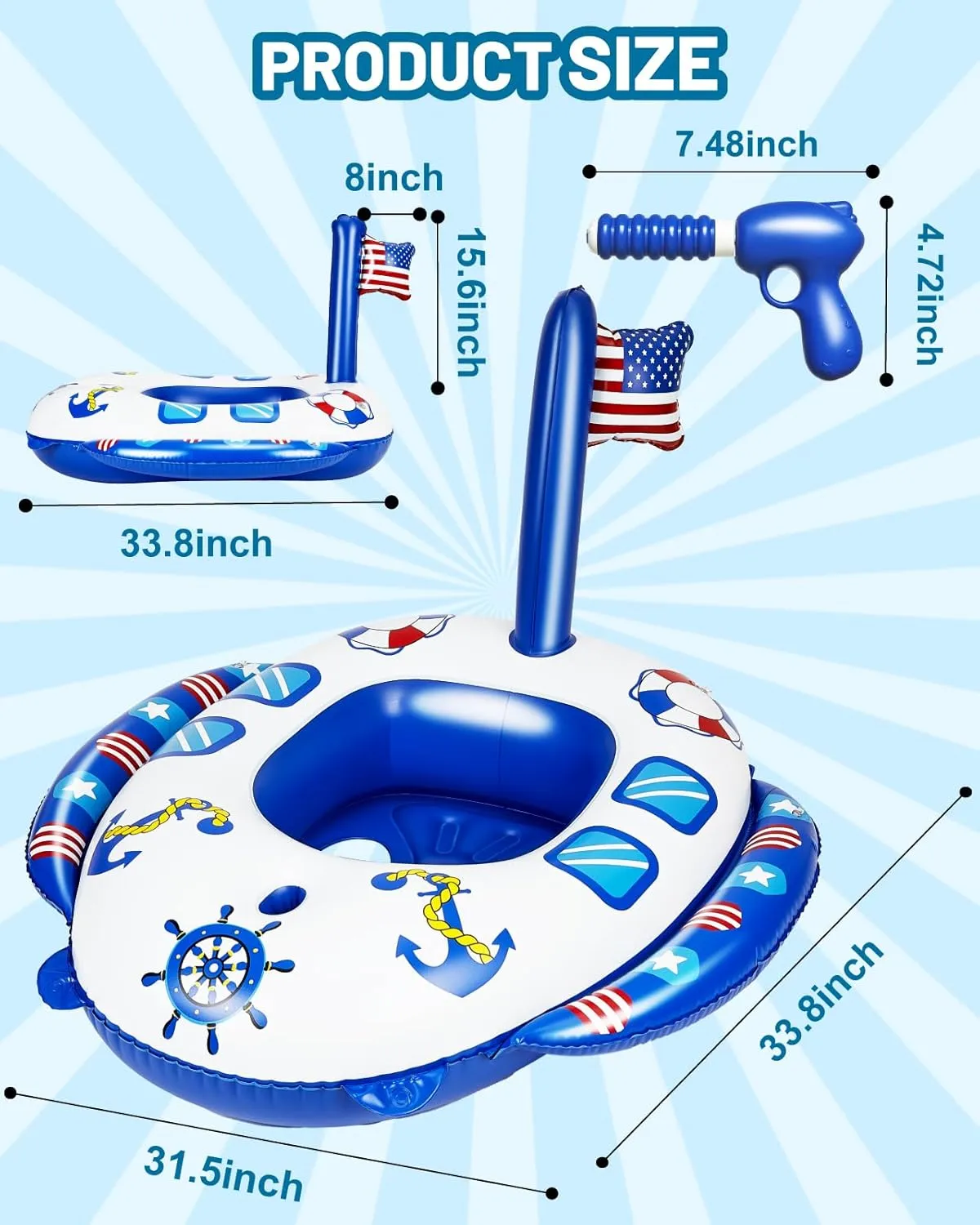 Inflatable Pool Floats Kids - Pool Floaties Swimming Pool Navy Model with 26 Inch Corded Water Gun for Boys Girls Kids for Toddlers Ages 3-8, Pool Floaties for Summer Party Toys