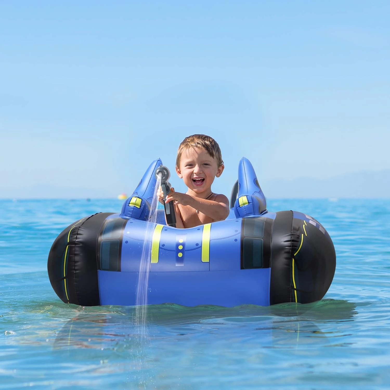 Inflatable Kids Pool Float with Water Gun, Cute Submarine Car Shape Pool Float, Pool Toys for Children, Ride-On Floaties with Squirt Gun for 3-7 Years Boys Girls