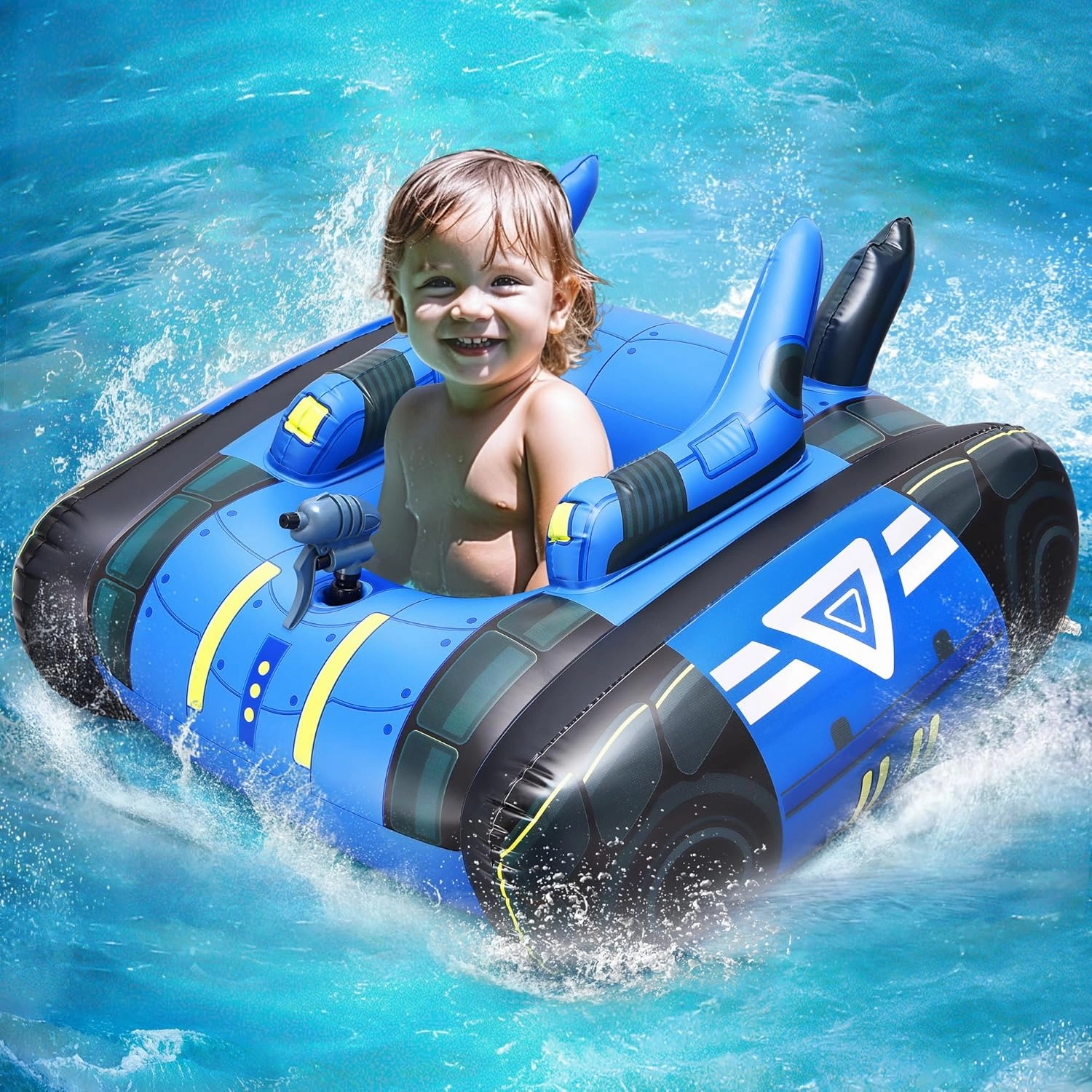 Inflatable Kids Pool Float with Water Gun, Cute Submarine Car Shape Pool Float, Pool Toys for Children, Ride-On Floaties with Squirt Gun for 3-7 Years Boys Girls