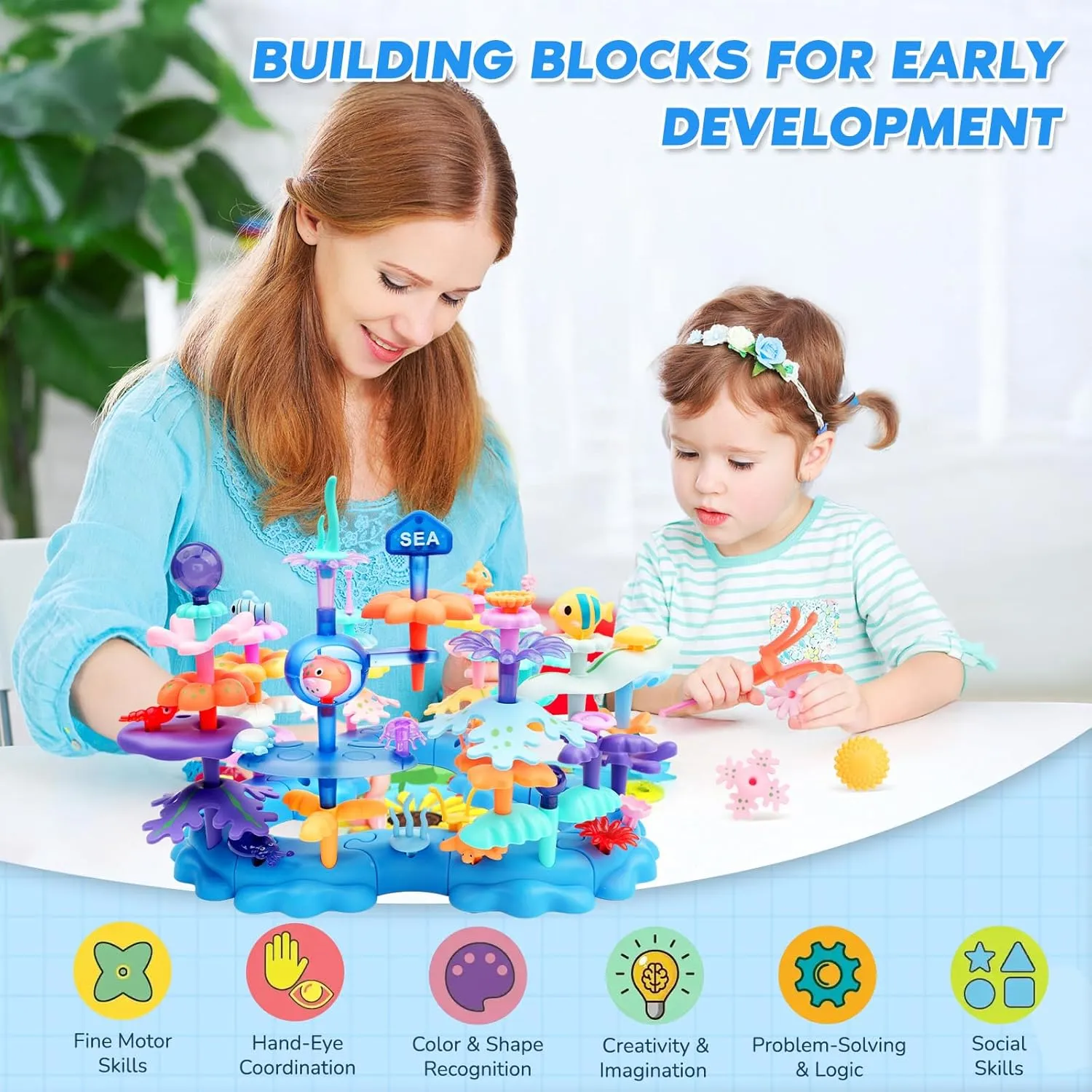 INKLAB Birthday Gifts for 3 4 5 6 7 Years Old Toddlers Girls Boys - 76PCS Marine Life Building Stacking Toys with Carry Box | STEM Preschool Educational Pretend Play | Learning Toys for Kids Age 3 