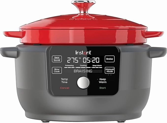 Instant pot 6-Quart 1500W Electric Dutch Oven with Recipe Book - Braise, Slow Cook, Sear, Warm, Red Enameled Cast Iron