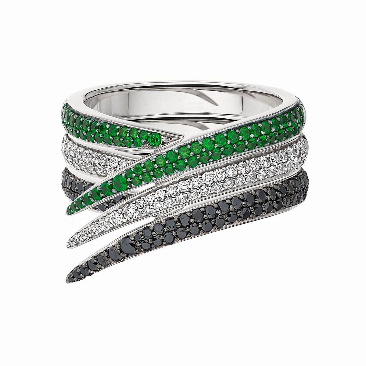 Interlocking Single Ring - 18ct White Gold & Green Tsavorite