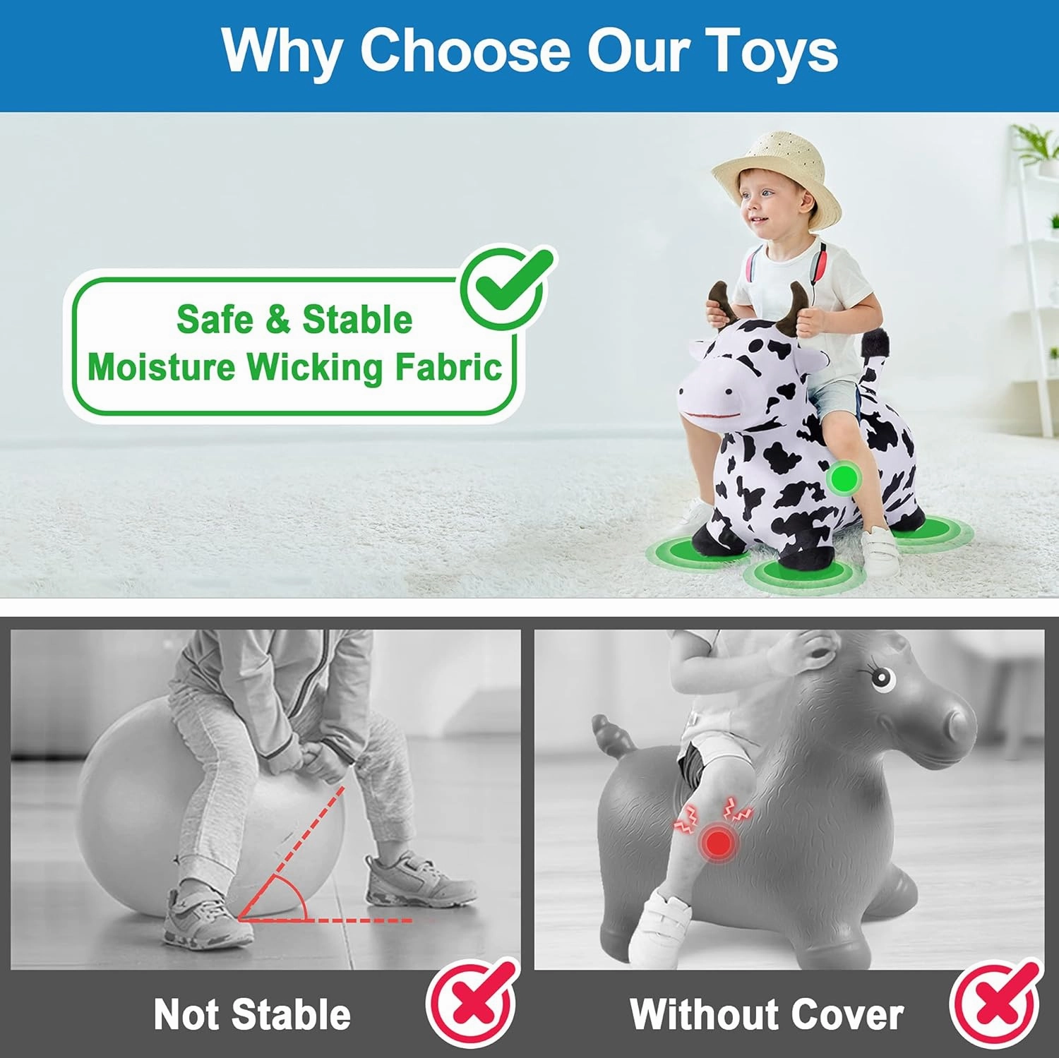 iPlay, iLearn Bouncy Pals Hopping Cow Horse, Toddler Girl Boy Inflatable Bouncing Animal Hopper Toy, Outdoor Indoor Plush Ride on Bouncer, Baby Birthday Gift 18 Month 2 3 4 Year Old Kid - Cow