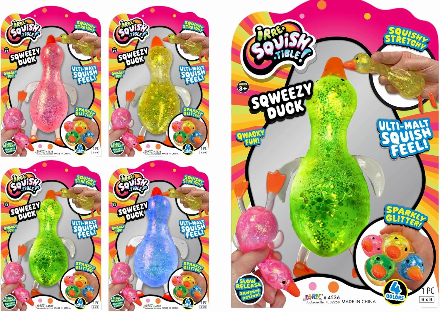 JA-RU Squishy Glitter Ducks (4 Stretchy Duck Toy) Kids Squishy Fidget Toys. Animal Stress Balls. Stress Relief Sensory Toys. Bulk Party Favors Easter Basket Stuffers. 4536-4s
