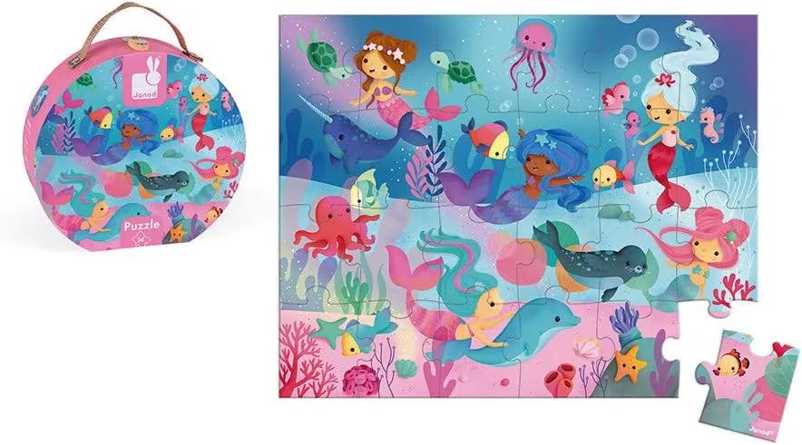 Janod 24 Piece Mermaid Floor Puzzle - Mini Suitcase Hat Box - Ages 3  - J02683