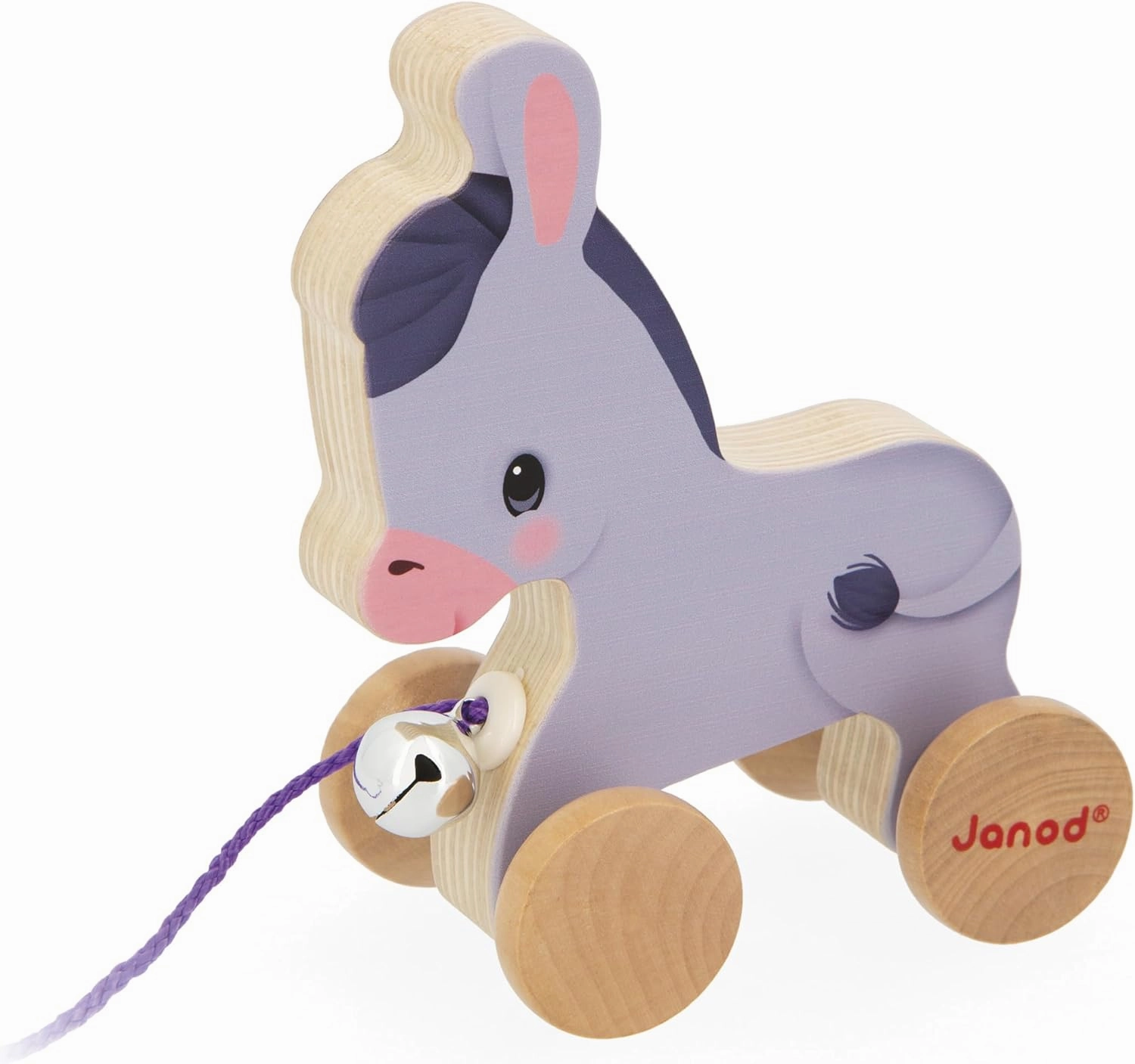 Janod - Wooden Donkey with Bell - Pull and Push Activity Toy - Learn Motor Skills and Imagination - 50cm String Suitable for Little Hands - FSC Certified - from 12 Months, J03323
