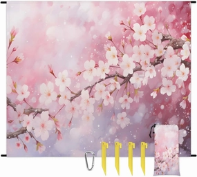 Japanese Cherry Beach Blanket, Sandproof Beach Mat, 68 x 59 Waterproof Quick Drying Sand Free Mat with 4 x Ground Spikes for Outdoor Travel Camping Hiking, Cherry Blossom
