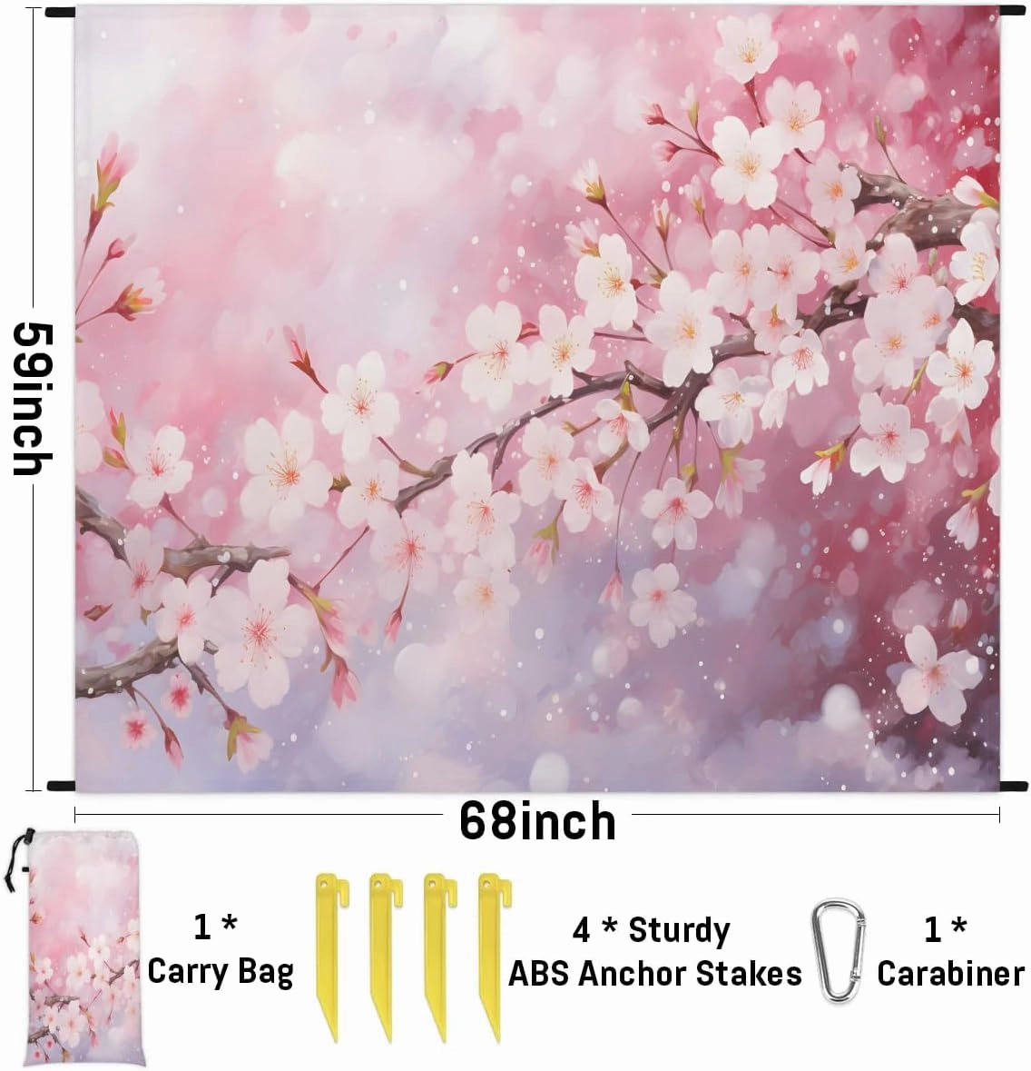 Japanese Cherry Beach Blanket, Sandproof Beach Mat, 68 x 59 Waterproof Quick Drying Sand Free Mat with 4 x Ground Spikes for Outdoor Travel Camping Hiking, Cherry Blossom