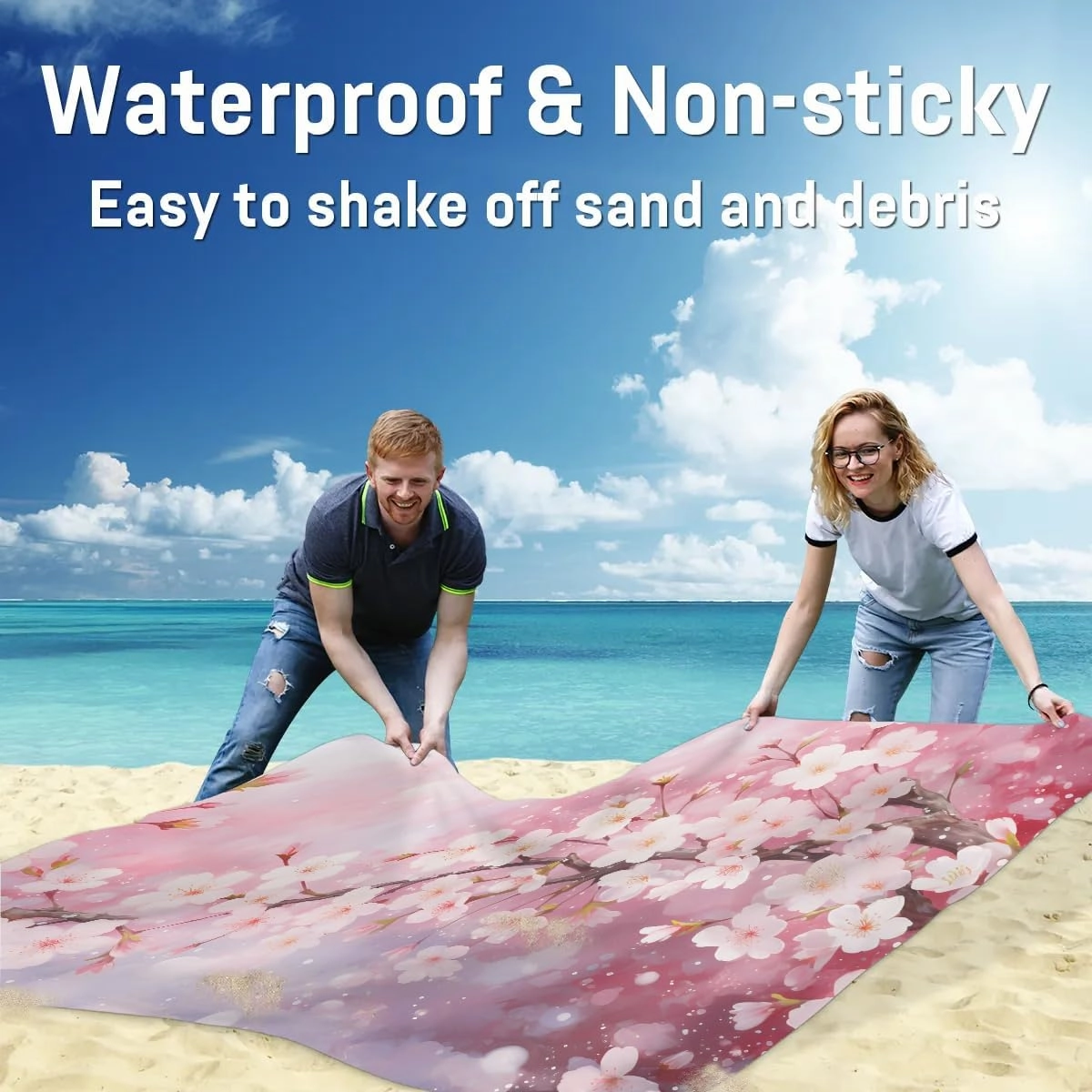 Japanese Cherry Beach Blanket, Sandproof Beach Mat, 68 x 59 Waterproof Quick Drying Sand Free Mat with 4 x Ground Spikes for Outdoor Travel Camping Hiking, Cherry Blossom