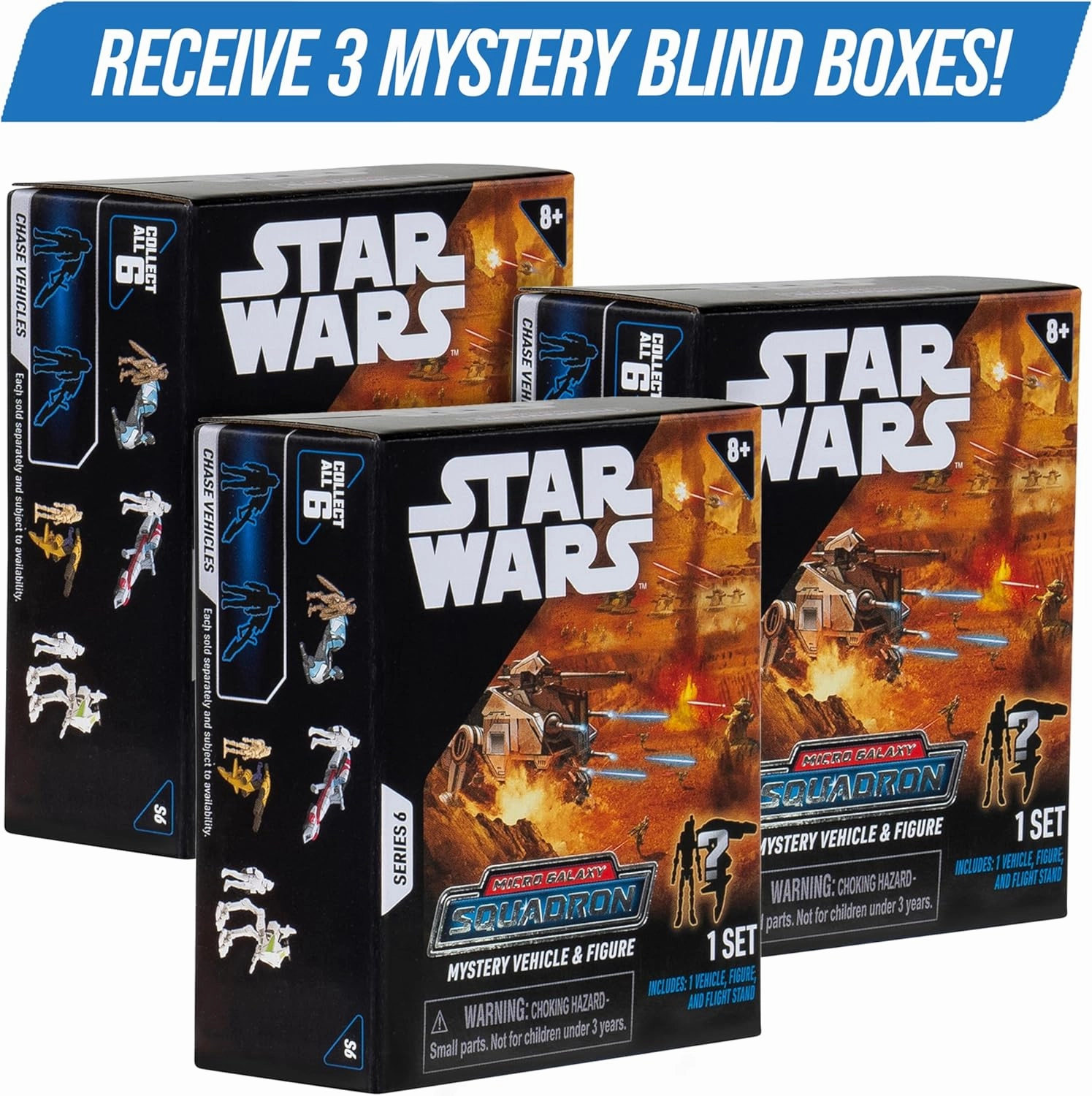 Jazwares Star Wars Micro Galaxy Squadron Scout Class Blind Box, 3-Pack - Series 6 - Receive 3 of 6 Assorted Collectible 2.5" Vehicles & 1" Figure - Kids, Teens, Adults, Men, Father's Day, Dad - 8 