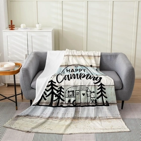 jejeloiu All Season Camper Bed Blanket Kids,Happy Camping Theme Flannel Fleece Throw Blanket Vintage Wooden Fuzzy Blanket for Kids Boys Girls,Microfiber Tree Plush Blanket Room Decor 40"x50"