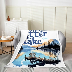 jejeloiu Lake Flannel Fleece Blanket Twin 60"x80" Kids Lakeside Fishing Plush Throw Blanket for Boys Girls Teens Cabin Mountain,All Season for Bed Sofa Couch Breathable Tree