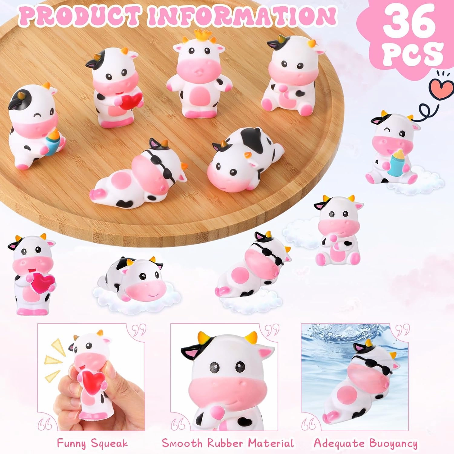 Jenaai 36 Pcs Cute Rubber Cows Bulk Squeak Floating Cow for Kids Bath Toys Rubber Animals Swimming Shower Bathtub Toy Favors for Party Baby Shower Pool Car Dashboard Decor Carnival Gift