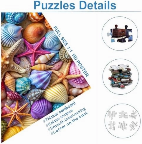 Jigsaw Puzzles for Adults 1000 Pieces-Colorful Seashell and Starfish, 1000 Piece Puzzle for Adults with Letter on Back No Dust, Beach Puzzles with 1:1 Poster(27.6"x19.7")
