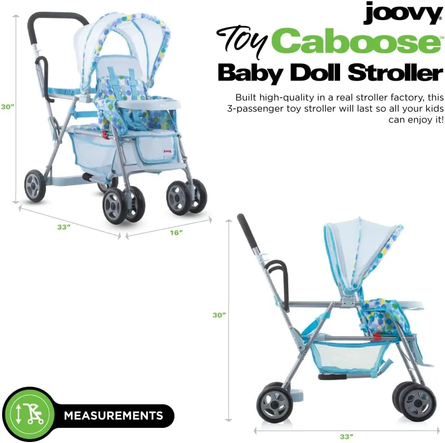 Joovy Toy Caboose Baby Doll Stroller Featuring Reclining Front Seat, Adjustable Footrest, Storage Basket, Extendable Canopy, and Snack Tray - Holds 3 Dolls (Blue Dot)
