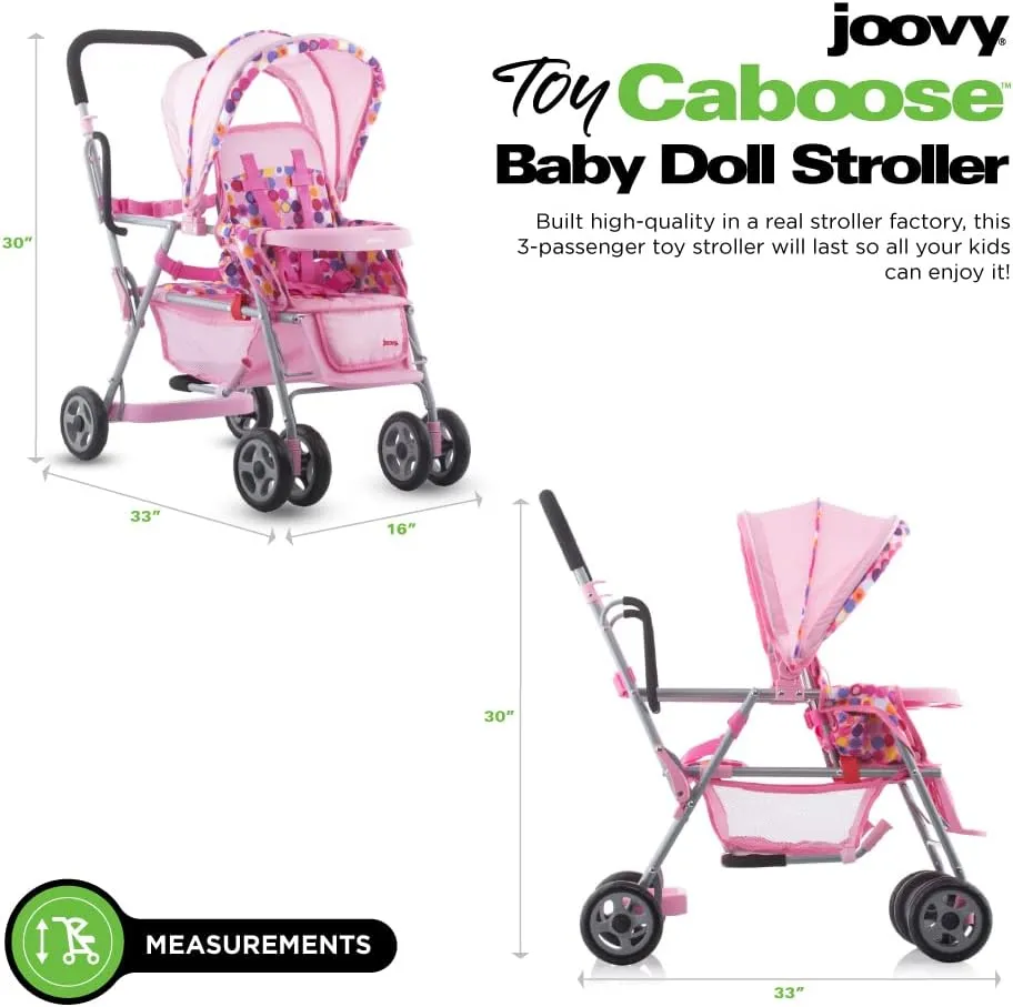 Joovy Toy Caboose Baby Doll Stroller Featuring Reclining Front Seat, Adjustable Footrest, Storage Basket, Extendable Canopy, and Snack Tray - Holds 3 Dolls (Pink Dot)