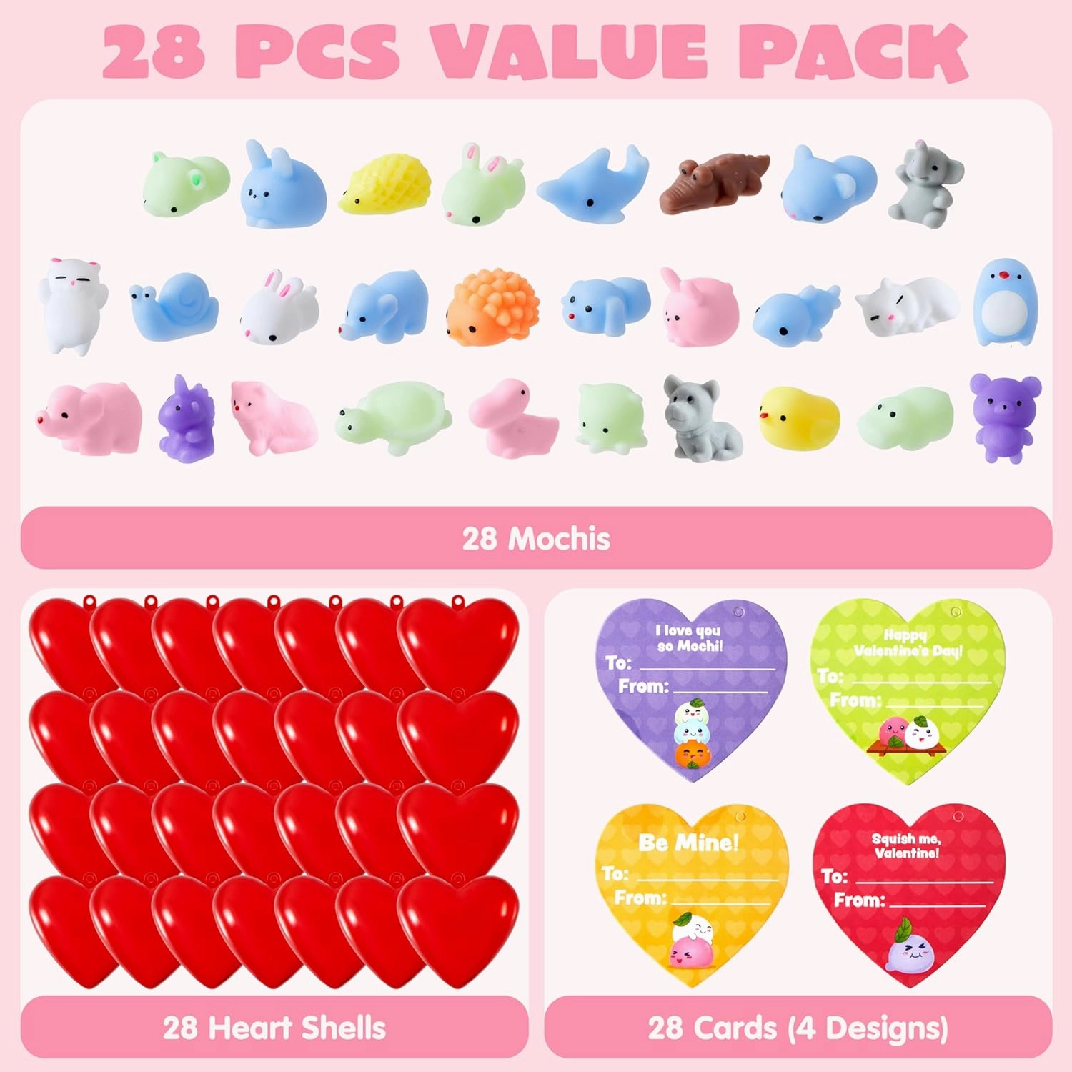 JOYIN 28 Mochi Squishy Toys Filled Hearts and Cards for Kids Classroom Exchange Party Favors, Kawaii Stress Relief Toys for Gift Exchange, Game Prizes and Carnivals Gift