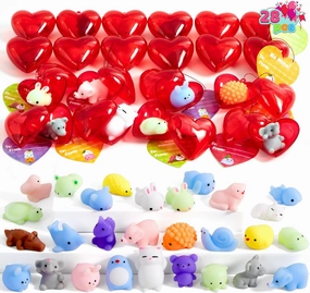 JOYIN 28 Mochi Squishy Toys Filled Hearts and Cards for Kids Classroom Exchange Party Favors, Kawaii Stress Relief Toys for Gift Exchange, Game Prizes and Carnivals Gift